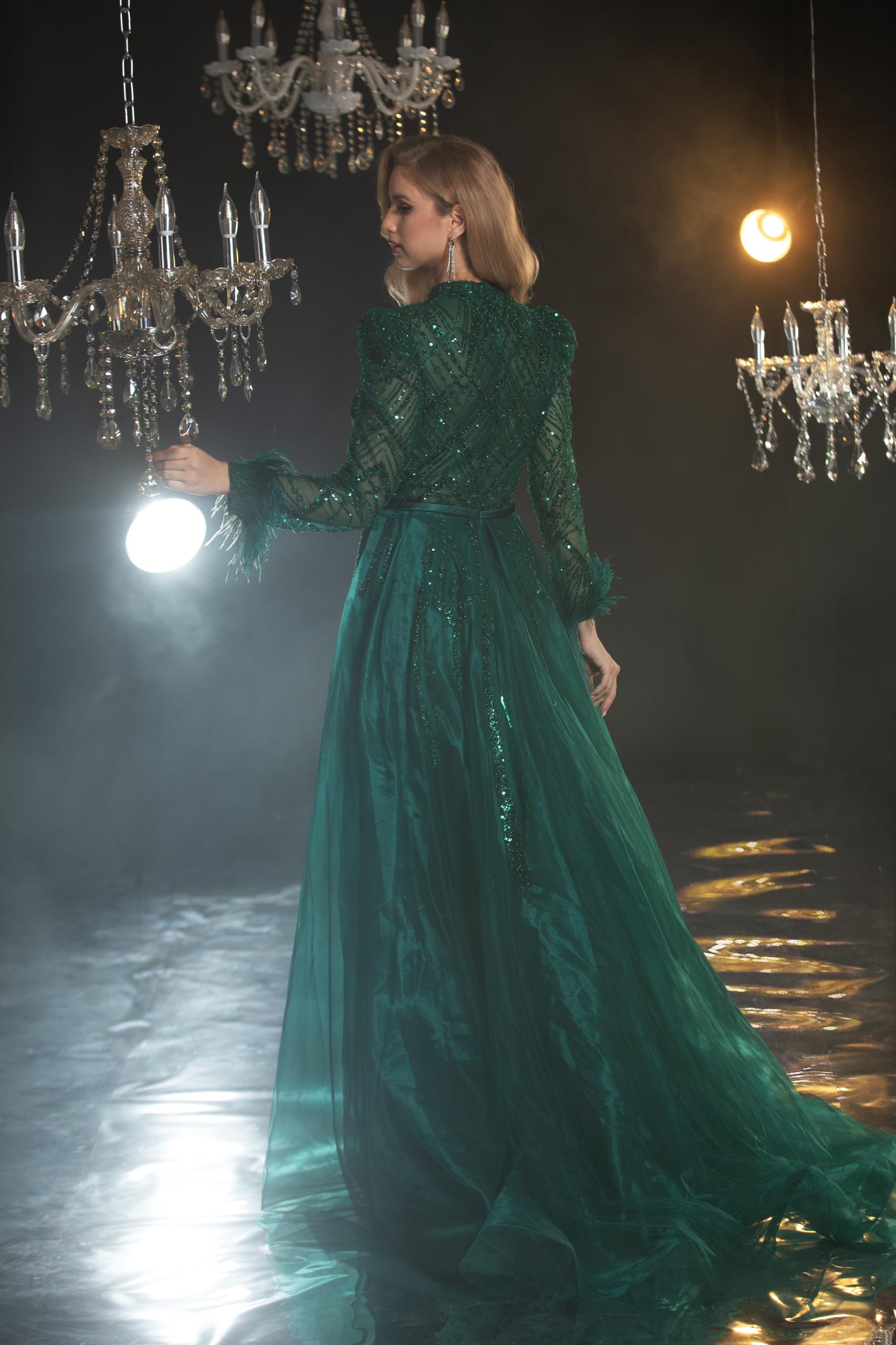 Embellished Long sleeves Evening Gown - Velora Luxury Fashion