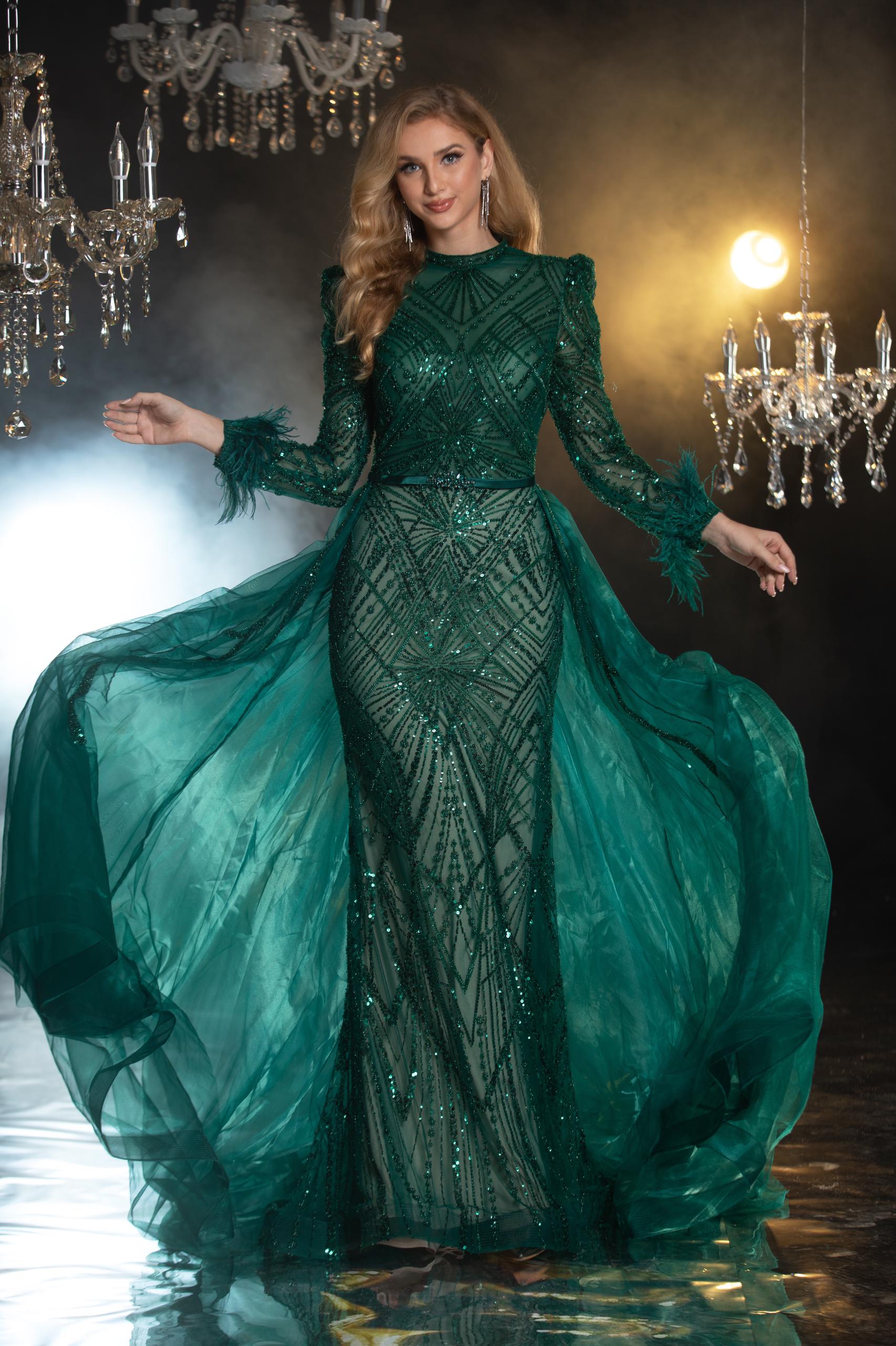Embellished Long sleeves Evening Gown - Velora Luxury Fashion