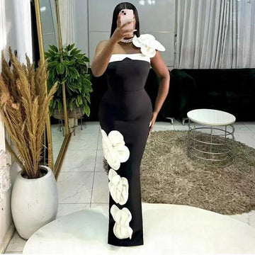 Embroidered Flower Black Long Tube Top Dress Wedding Evening Party Cocktail Dress