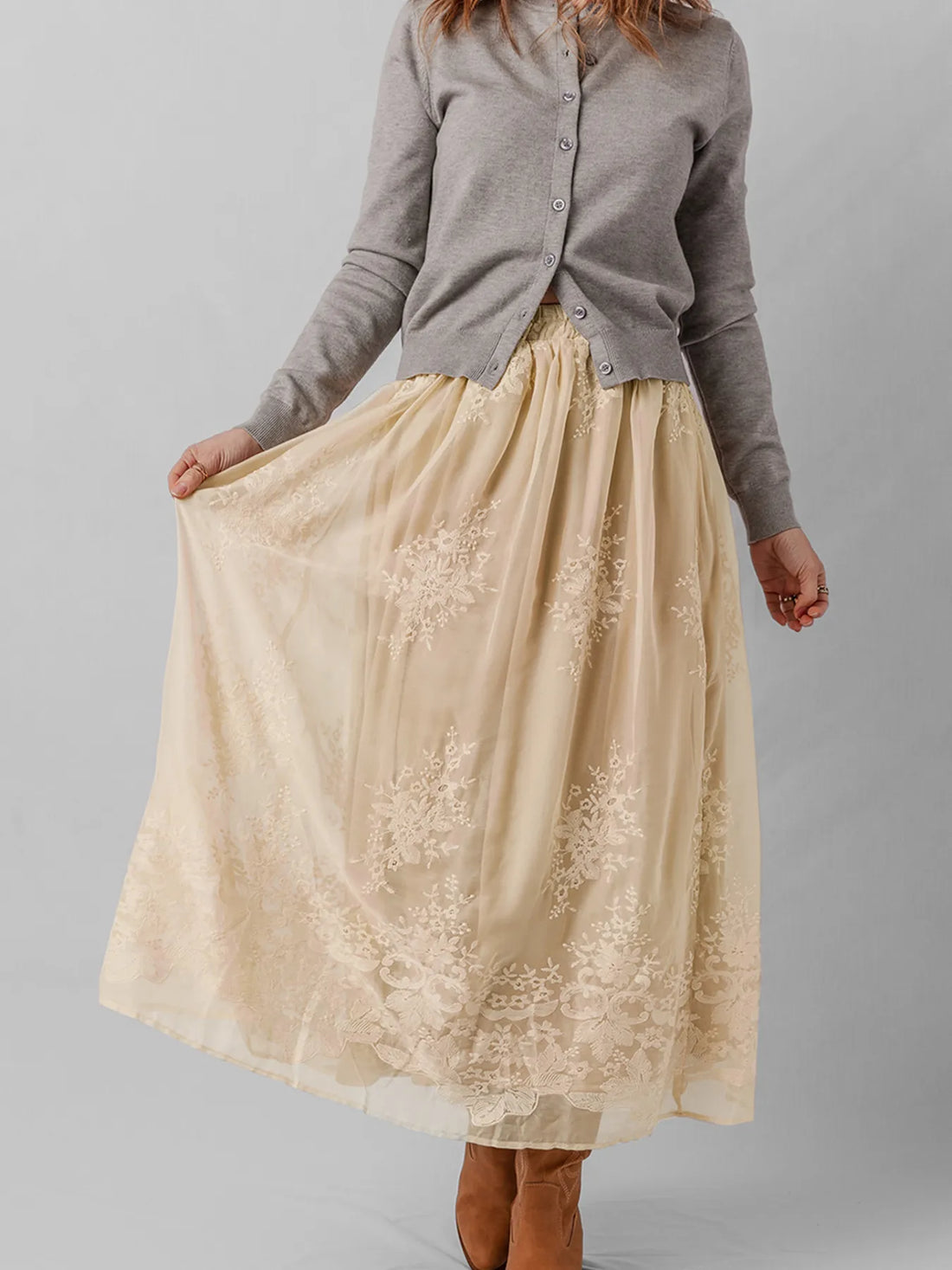 Embroidered Mesh Overlay Flowy Midi Skirt - Velora Luxury Fashion