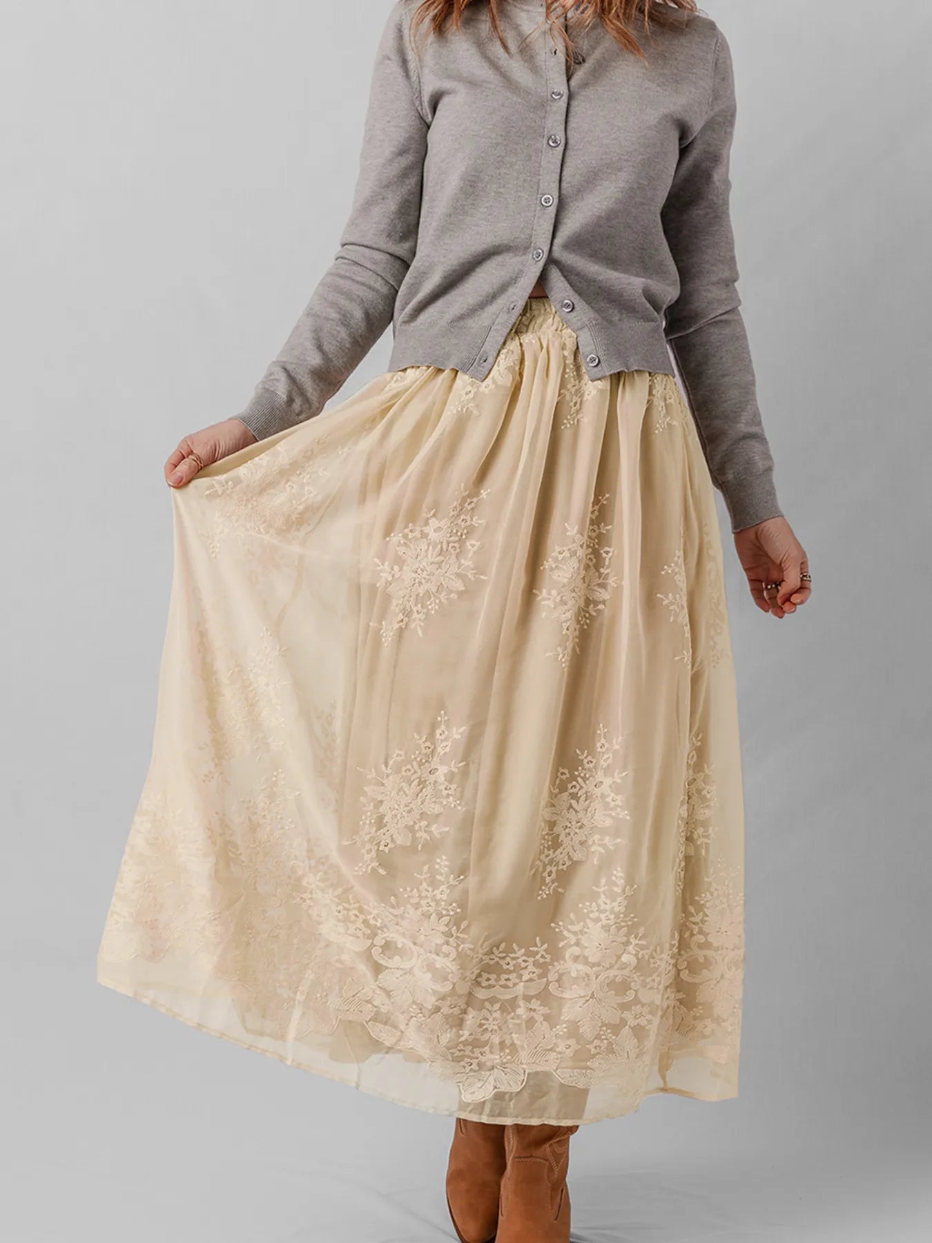 Embroidered Mesh Overlay Flowy Midi Skirt - Velora Luxury Fashion