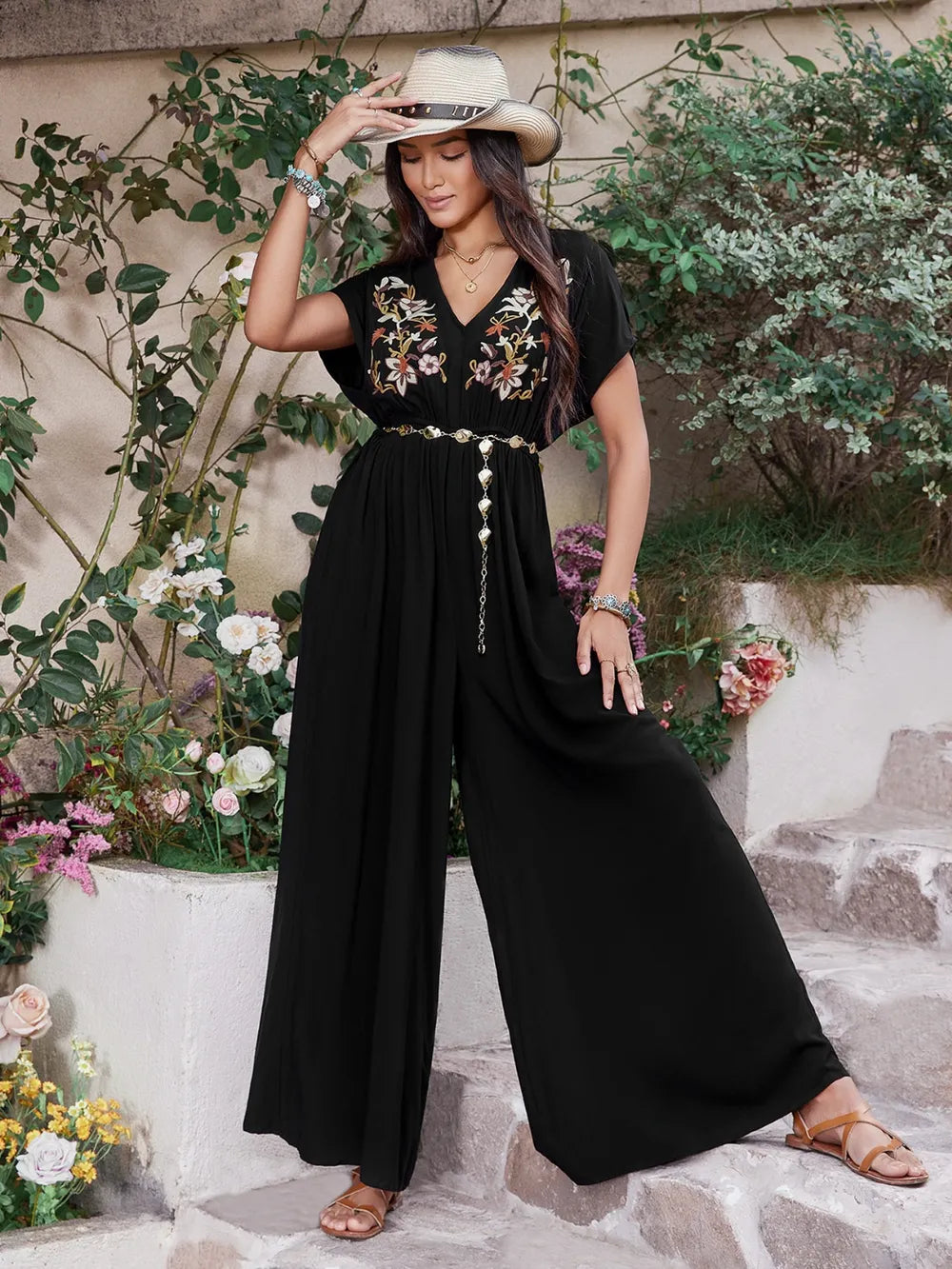 Embroidered Ruched Short Sleeve Jumpsuit - Velora Luxury Fashion