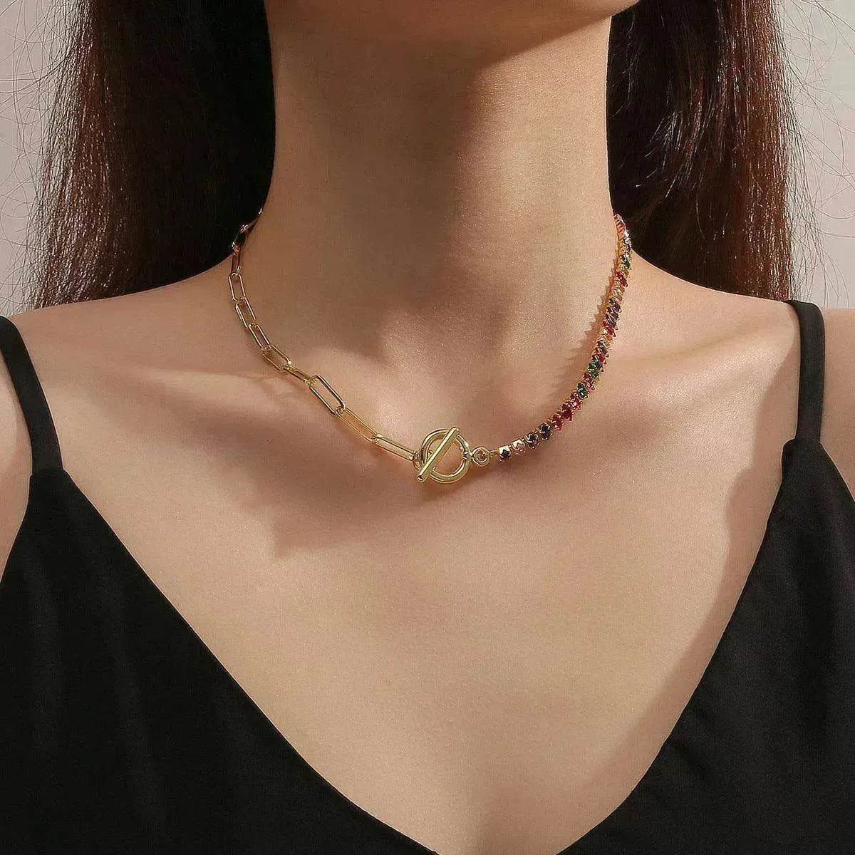 European And American Accessories Stitching Mixed Color Zircon Necklace - Velora