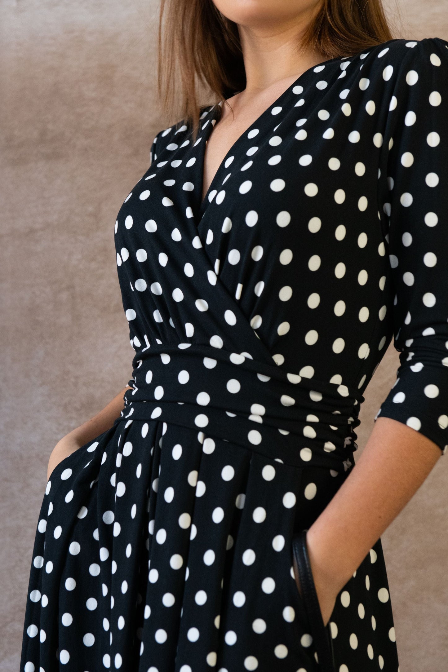 Evelyn Polka Dot Wrap Midi Dress 3/4 Sleeve V-Neck Pockets Elegant - Velora Luxury Fashion