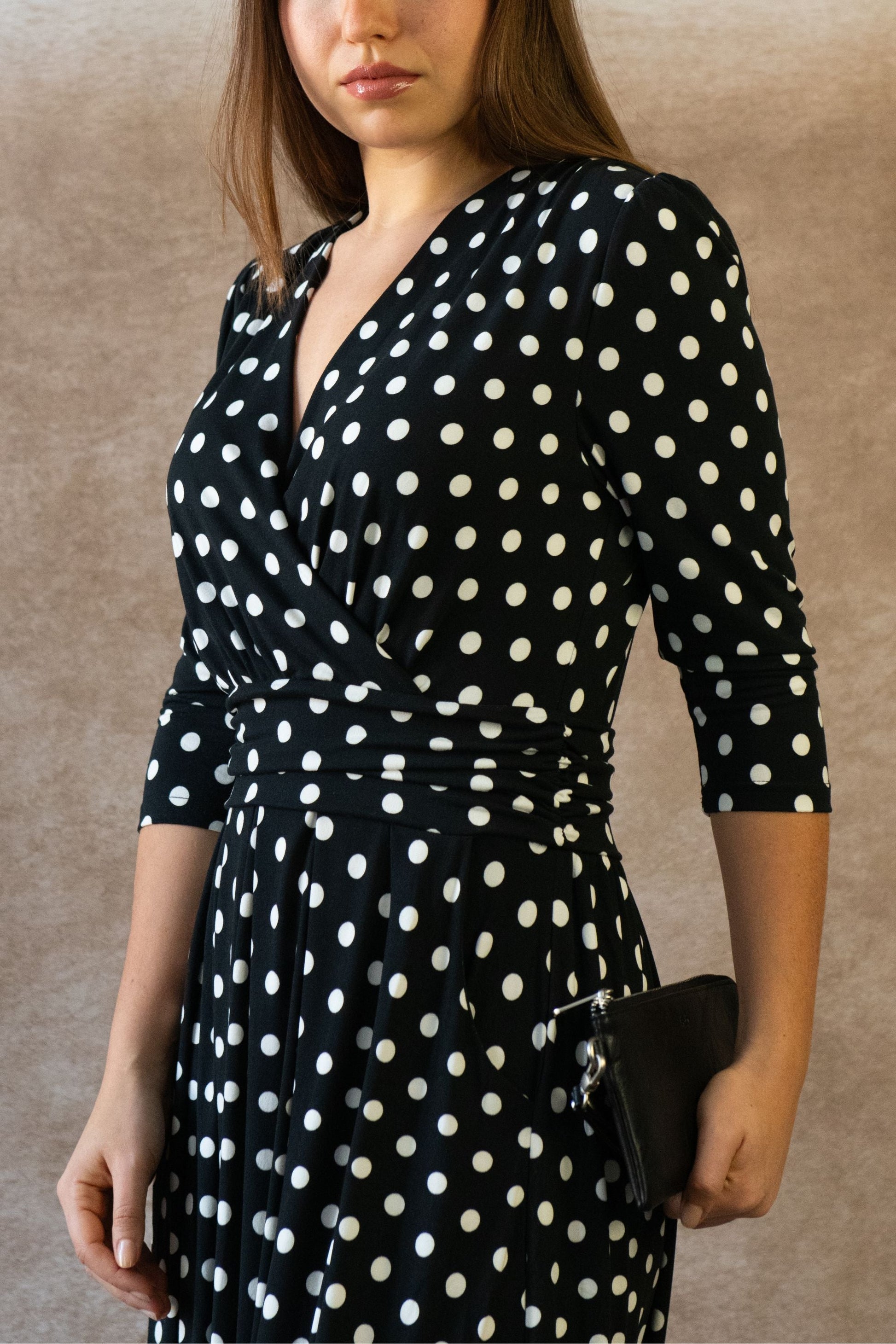 Evelyn Polka Dot Wrap Midi Dress 3/4 Sleeve V-Neck Pockets Elegant - Velora Luxury Fashion