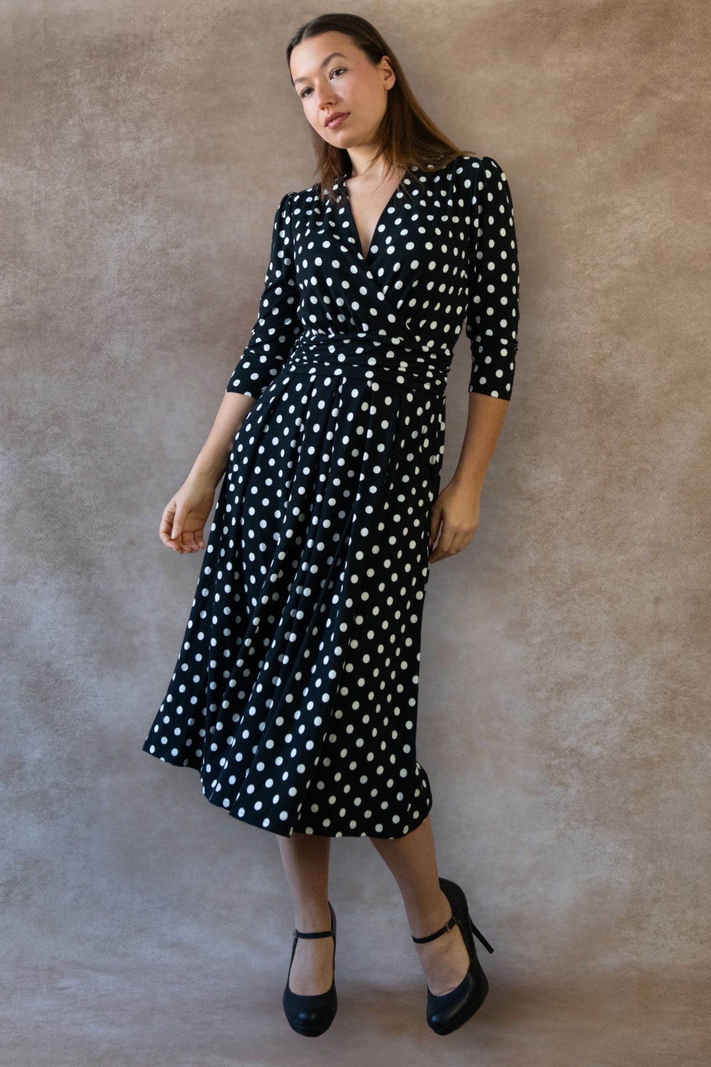 Evelyn Polka Dot Wrap Midi Dress 3/4 Sleeve V-Neck Pockets Elegant - Velora Luxury Fashion