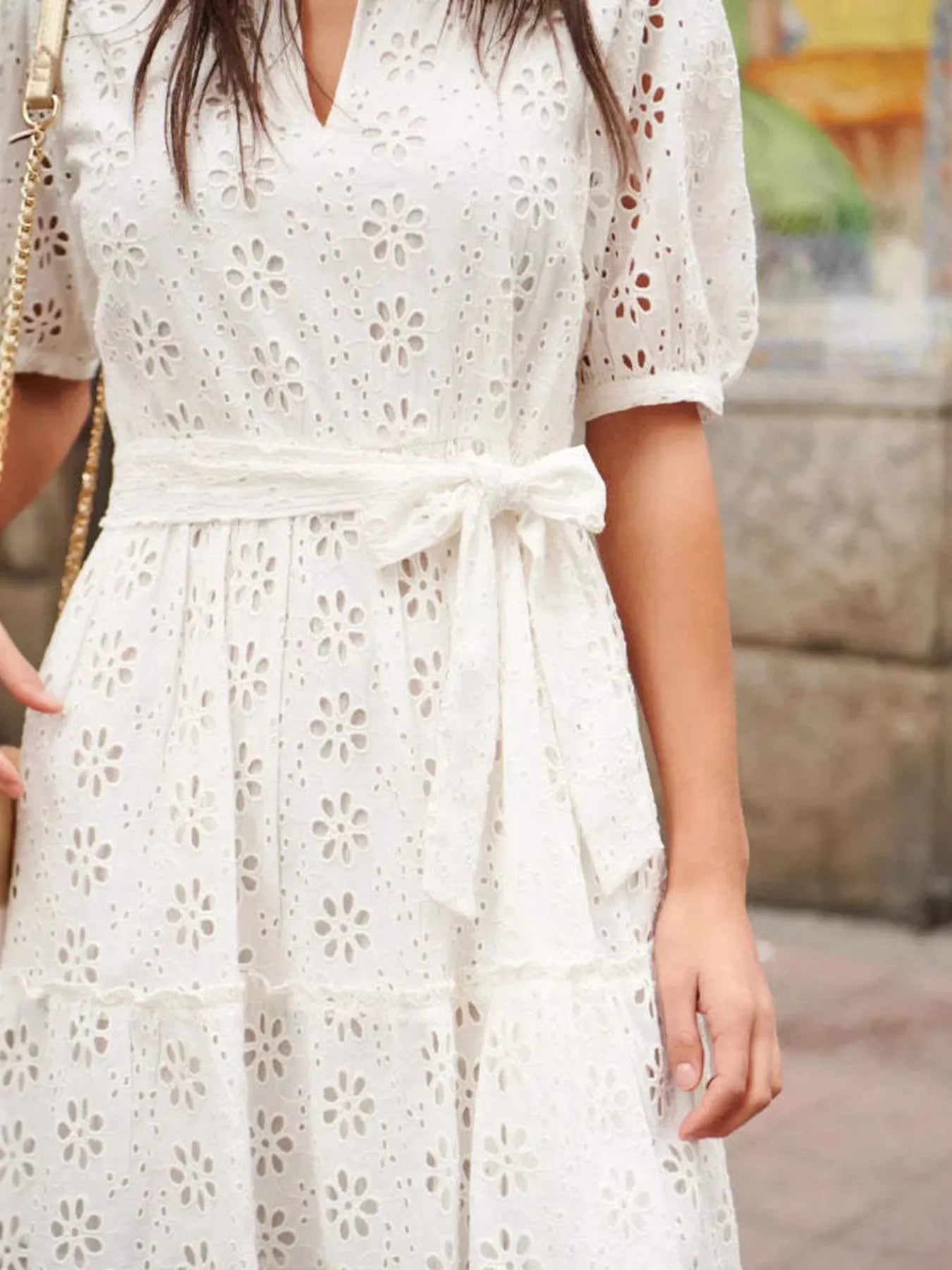 Eyelet Lace Mini Dress with Puff Sleeves - Velora Luxury Fashion