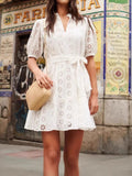 Eyelet Lace Mini Dress with Puff Sleeves - Velora Luxury Fashion