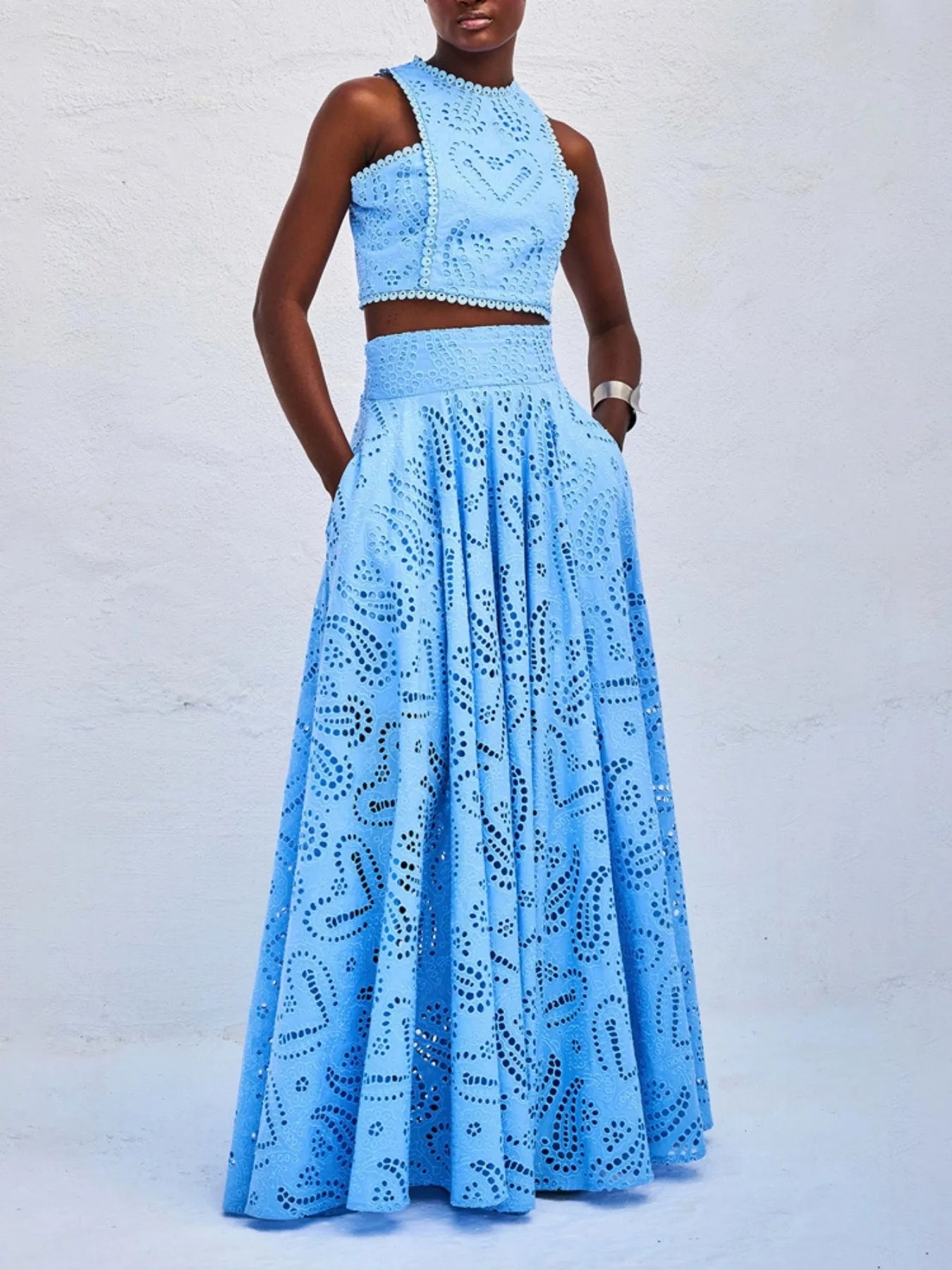 Eyelet Lace Top and Maxi Skirt Set - Velora Luxury Fashion