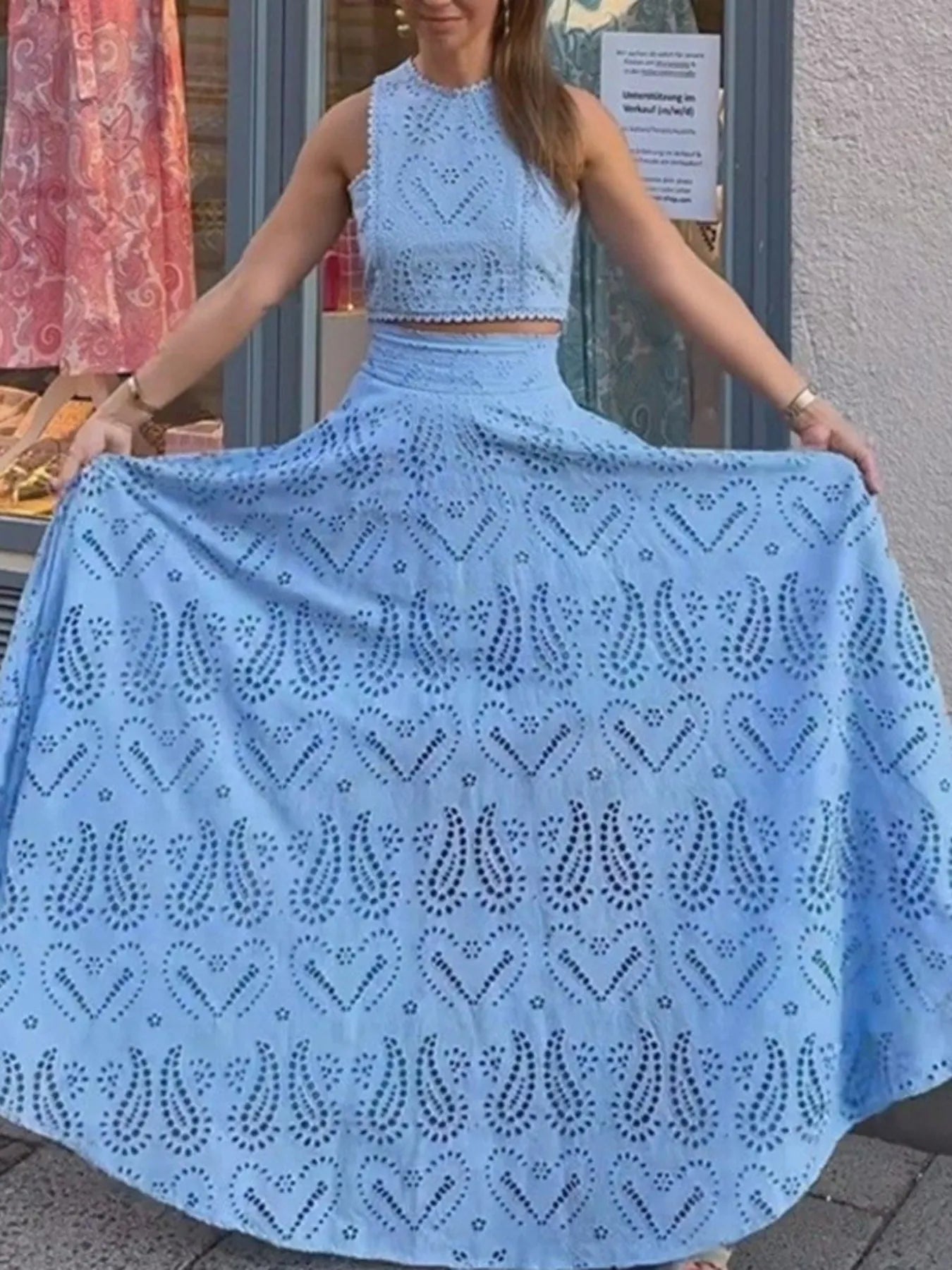 Eyelet Lace Top and Maxi Skirt Set - Velora Luxury Fashion