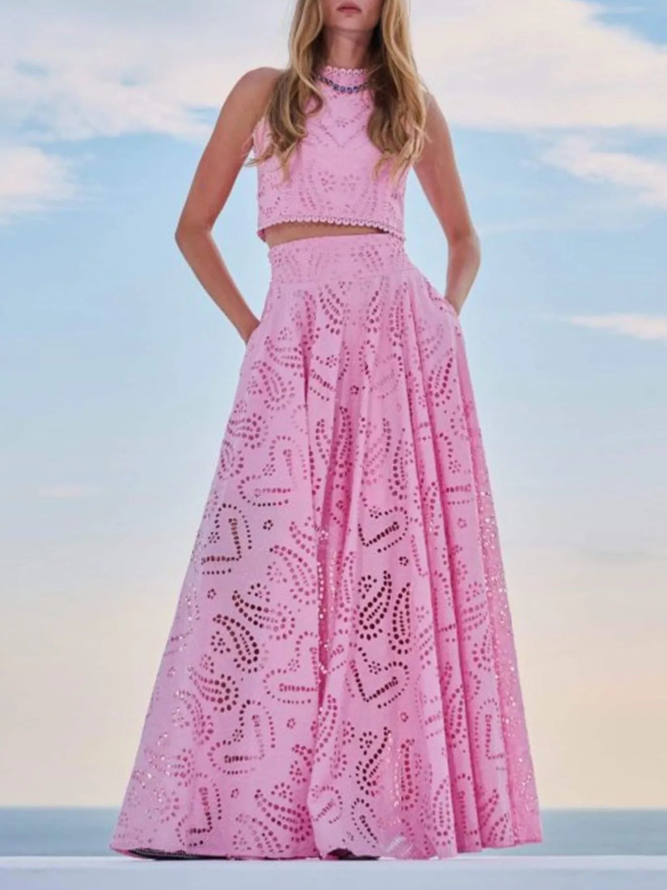 Eyelet Lace Top and Maxi Skirt Set - Velora Luxury Fashion