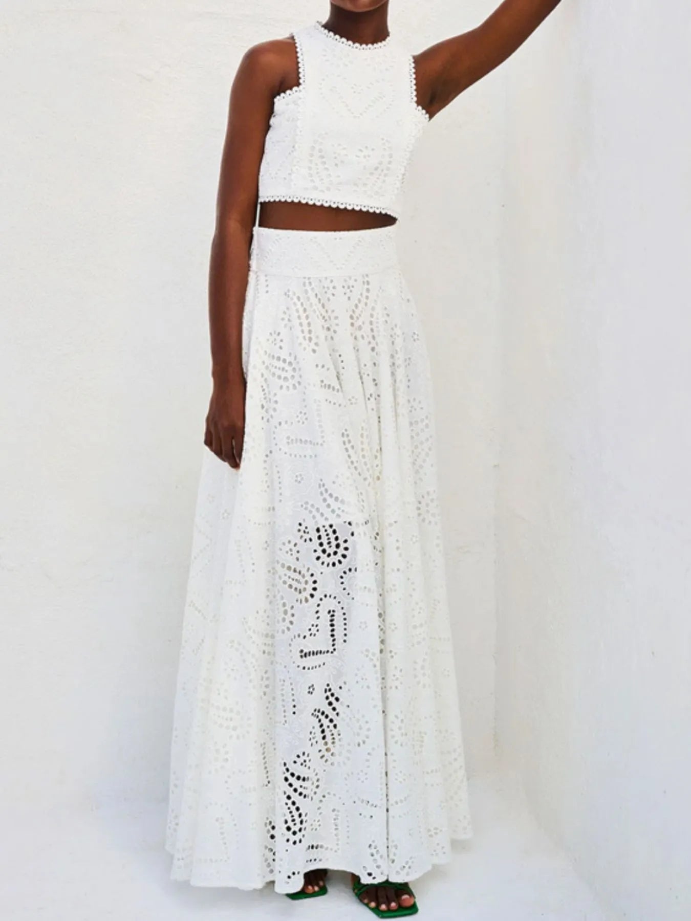 Eyelet Lace Top and Maxi Skirt Set - Velora Luxury Fashion