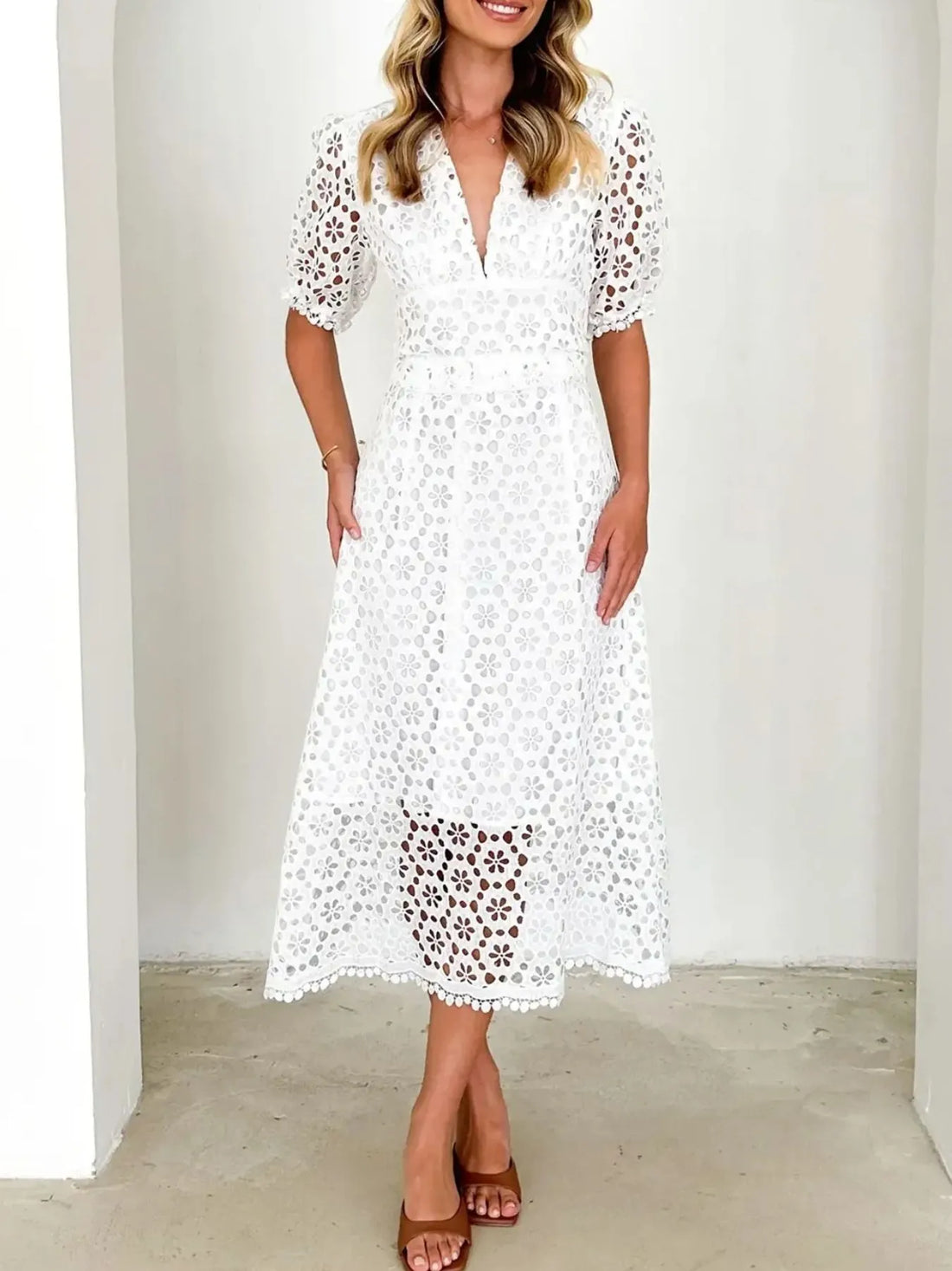 Eyelet Lace V-Neck Midi Dress with Puff Sleeves - Velora Luxury Fashion