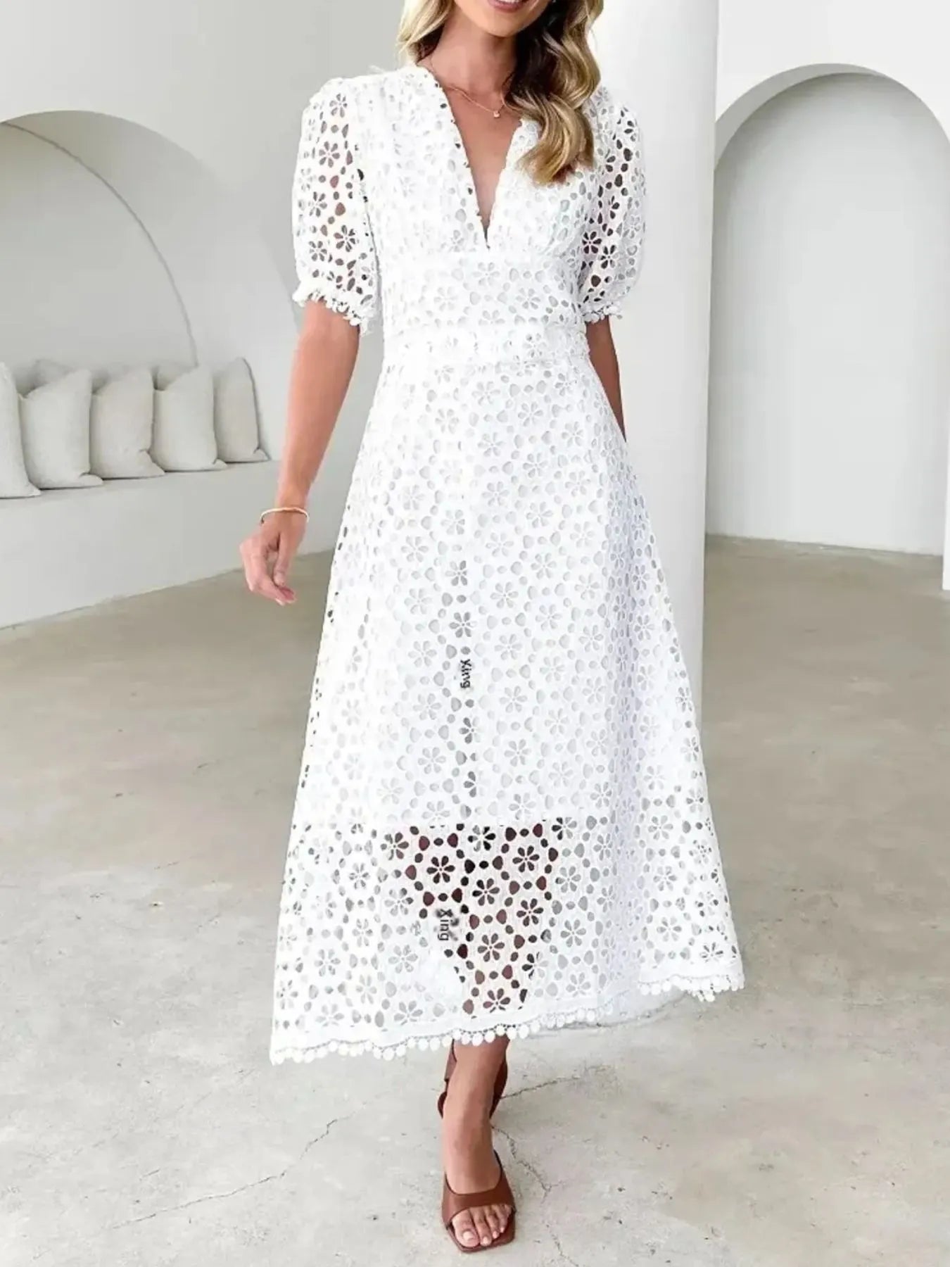 Eyelet Lace V-Neck Midi Dress with Puff Sleeves - Velora Luxury Fashion