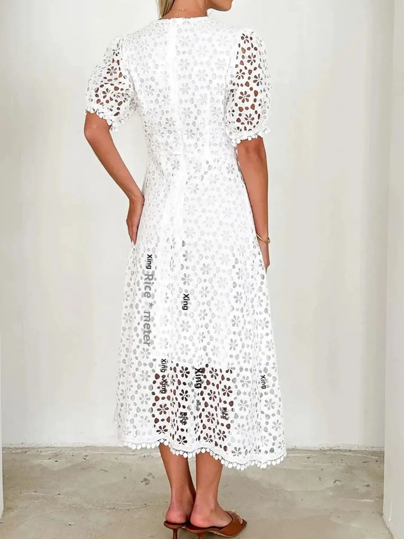 Eyelet Lace V-Neck Midi Dress with Puff Sleeves - Velora Luxury Fashion