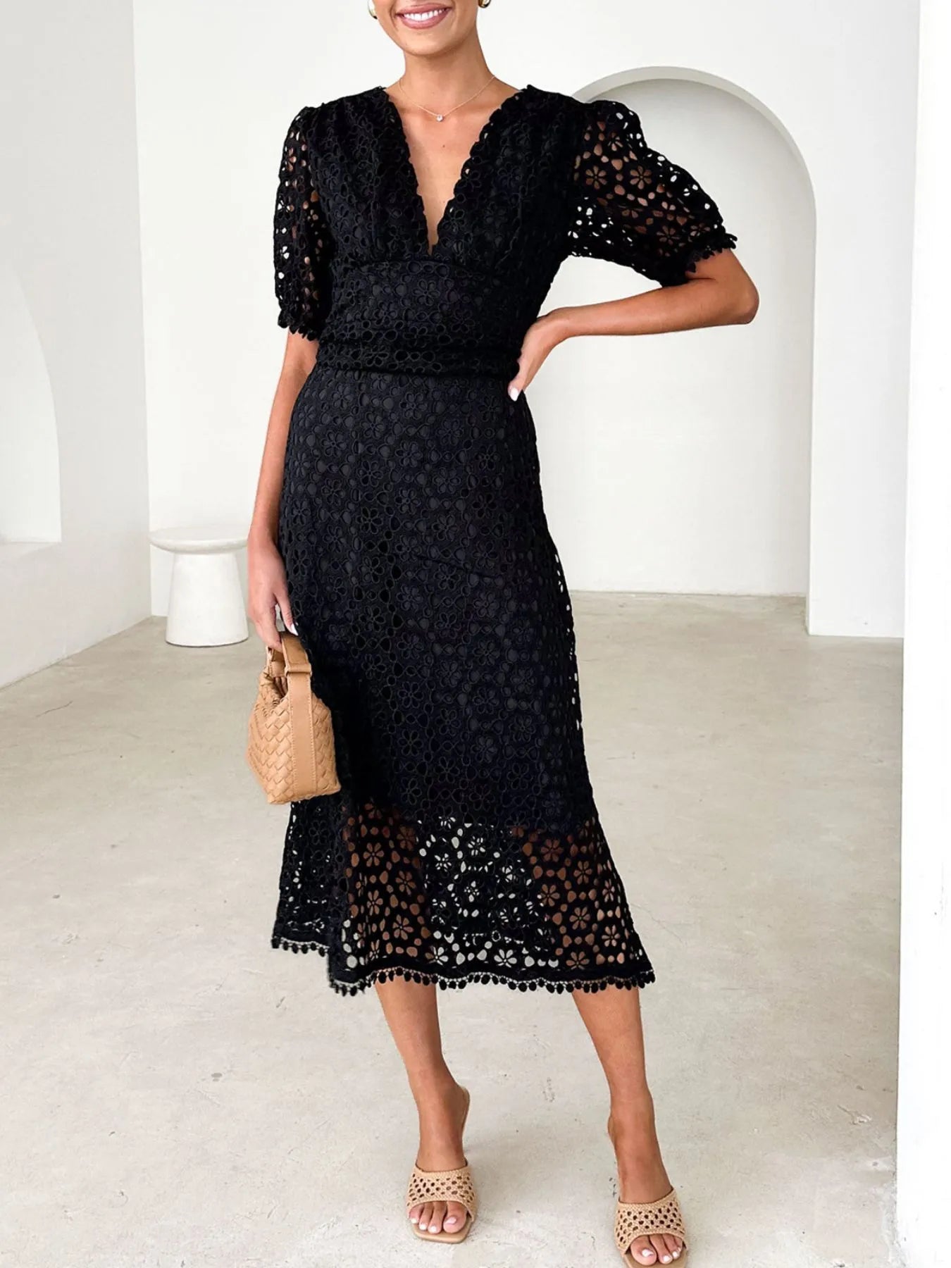 Eyelet Lace V-Neck Midi Dress with Puff Sleeves - Velora Luxury Fashion