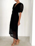 Eyelet Lace V-Neck Midi Dress with Puff Sleeves - Velora Luxury Fashion