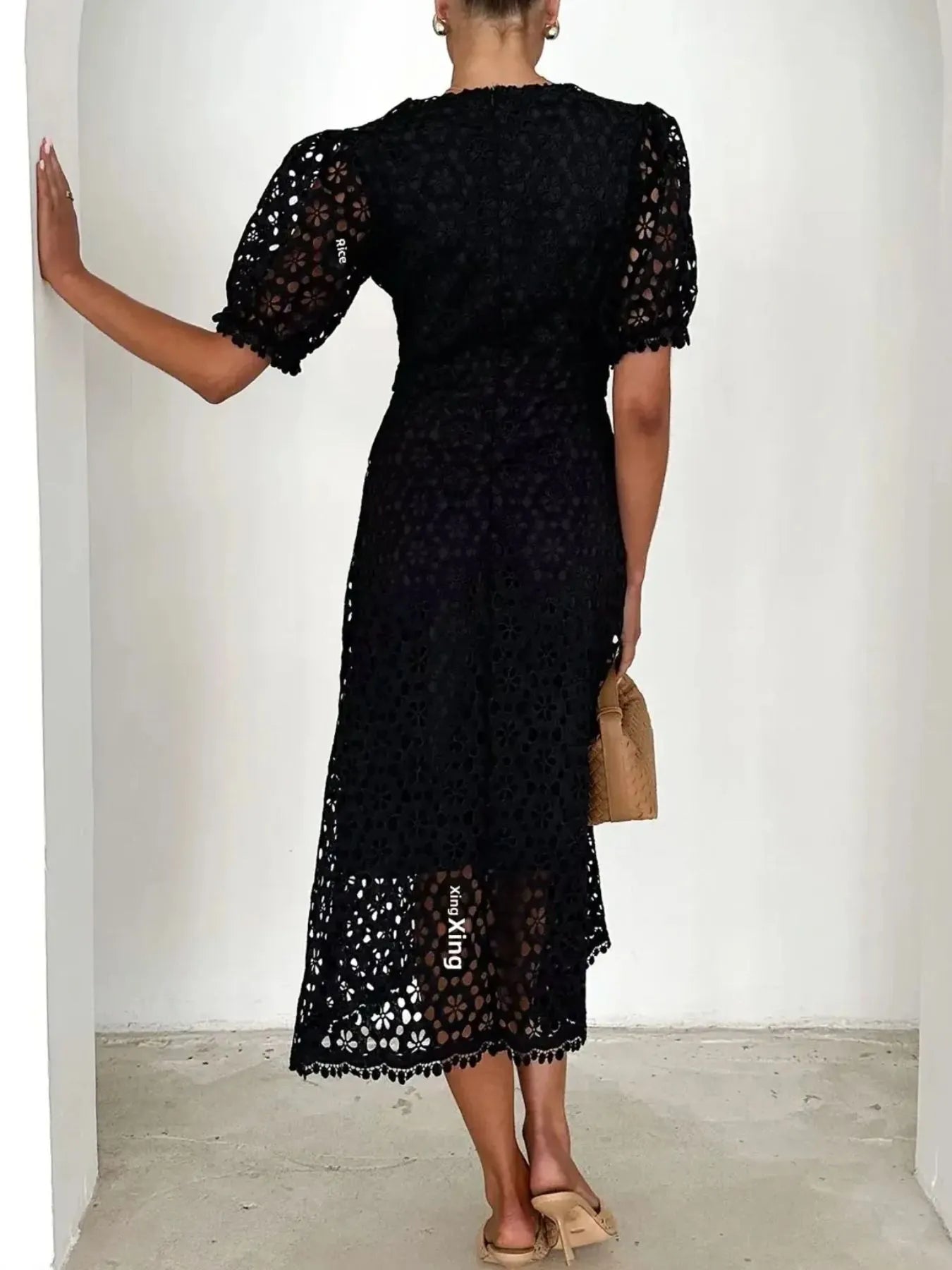 Eyelet Lace V-Neck Midi Dress with Puff Sleeves - Velora Luxury Fashion