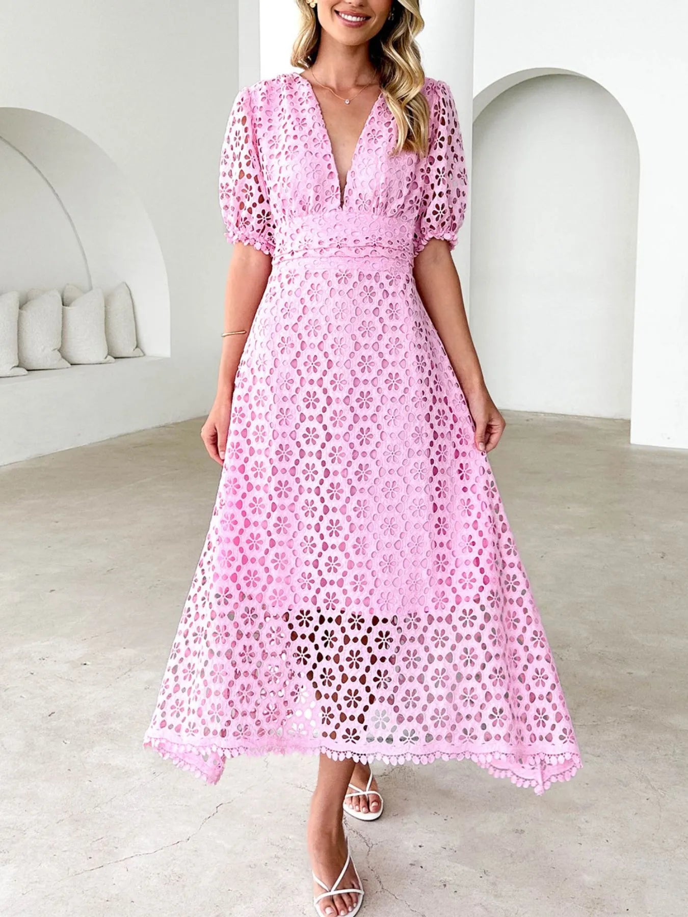 Eyelet Lace V-Neck Midi Dress with Puff Sleeves - Velora Luxury Fashion