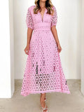 Eyelet Lace V-Neck Midi Dress with Puff Sleeves - Velora Luxury Fashion