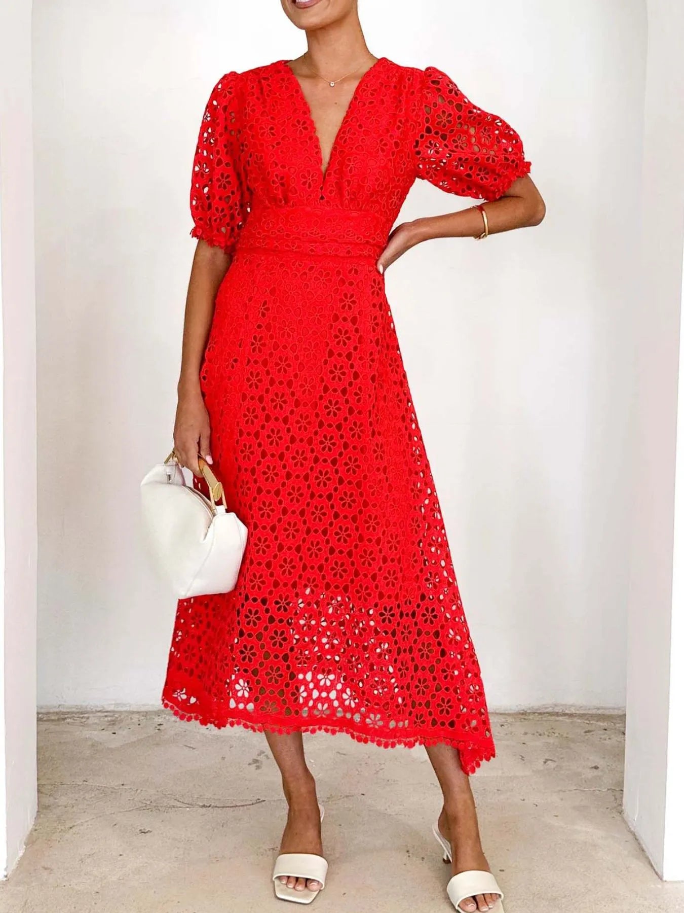 Eyelet Lace V-Neck Midi Dress with Puff Sleeves - Velora Luxury Fashion