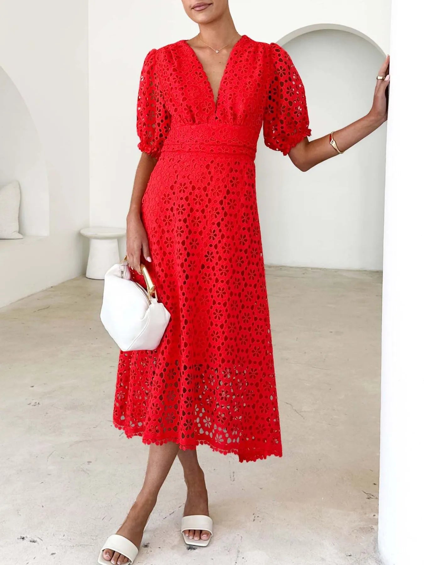 Eyelet Lace V-Neck Midi Dress with Puff Sleeves - Velora Luxury Fashion