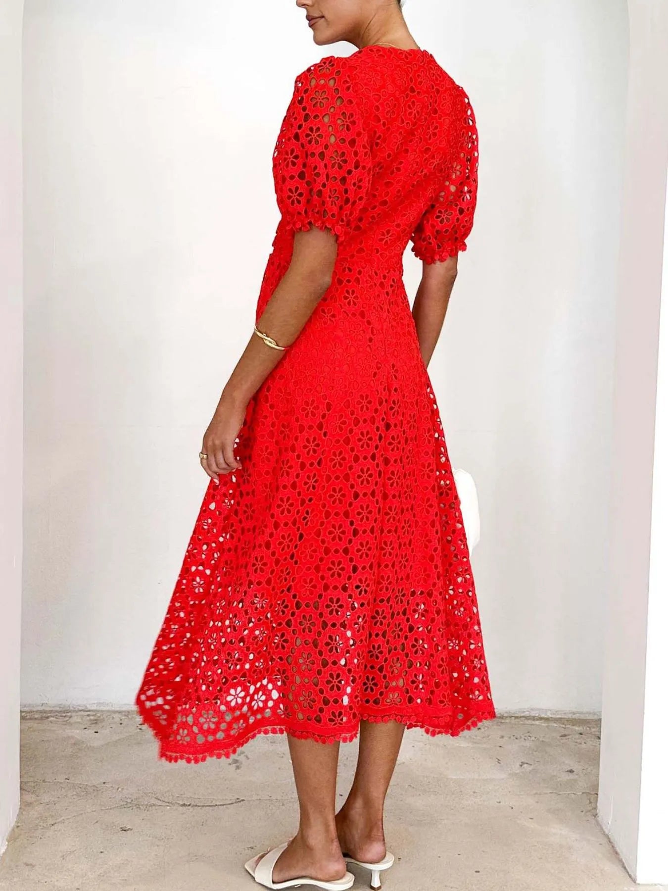 Eyelet Lace V-Neck Midi Dress with Puff Sleeves - Velora Luxury Fashion