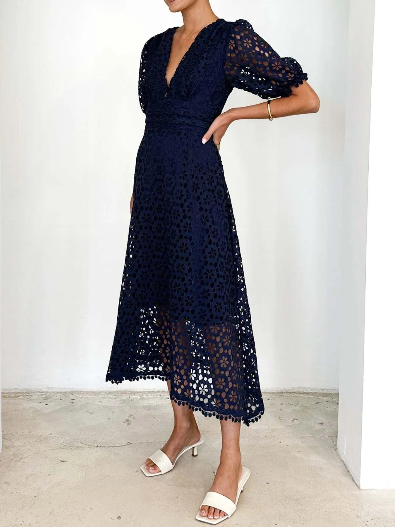 Eyelet Lace V-Neck Midi Dress with Puff Sleeves - Velora Luxury Fashion