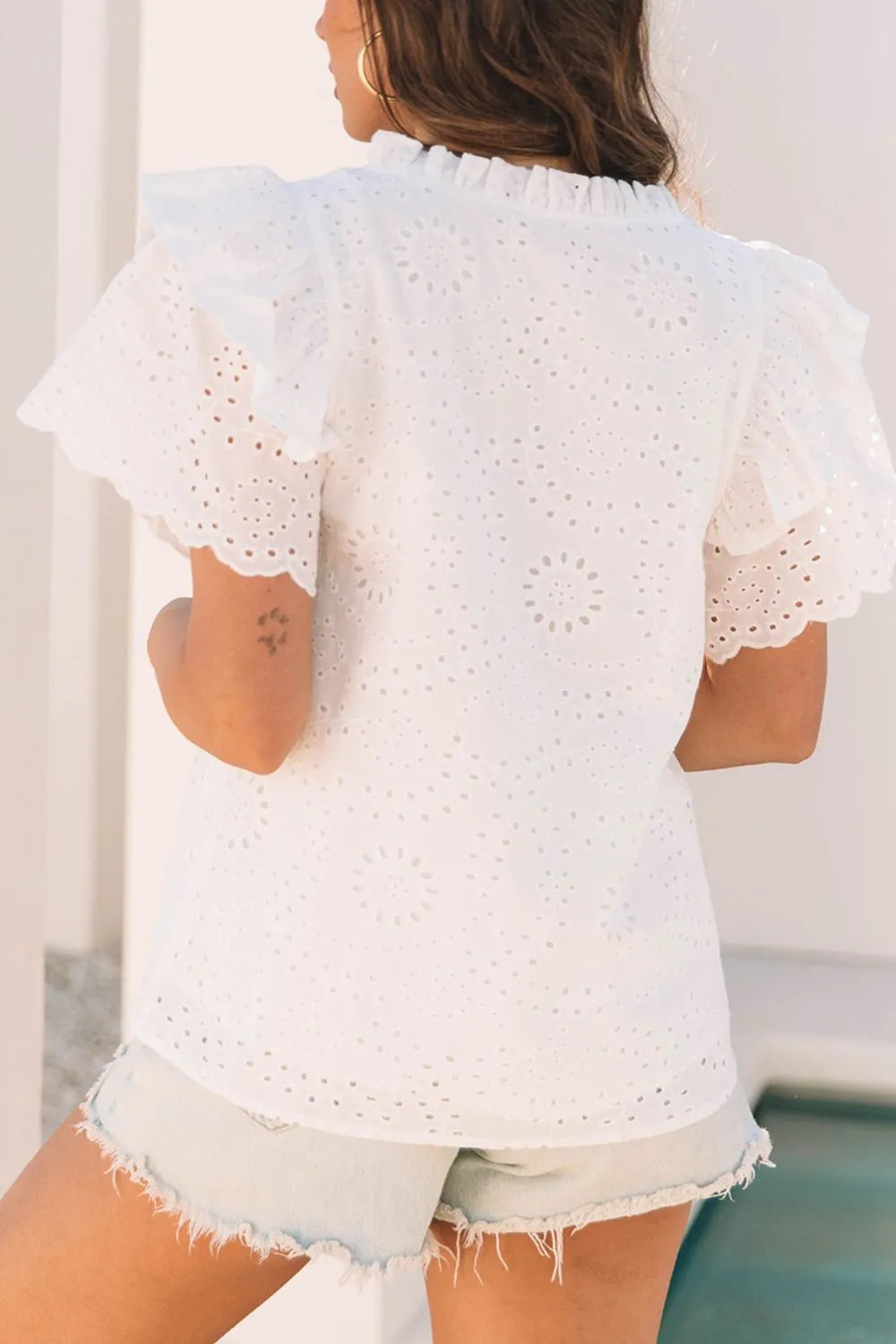 Eyelet Notched Short Sleeve Blouse - Velora Luxury Fashion
