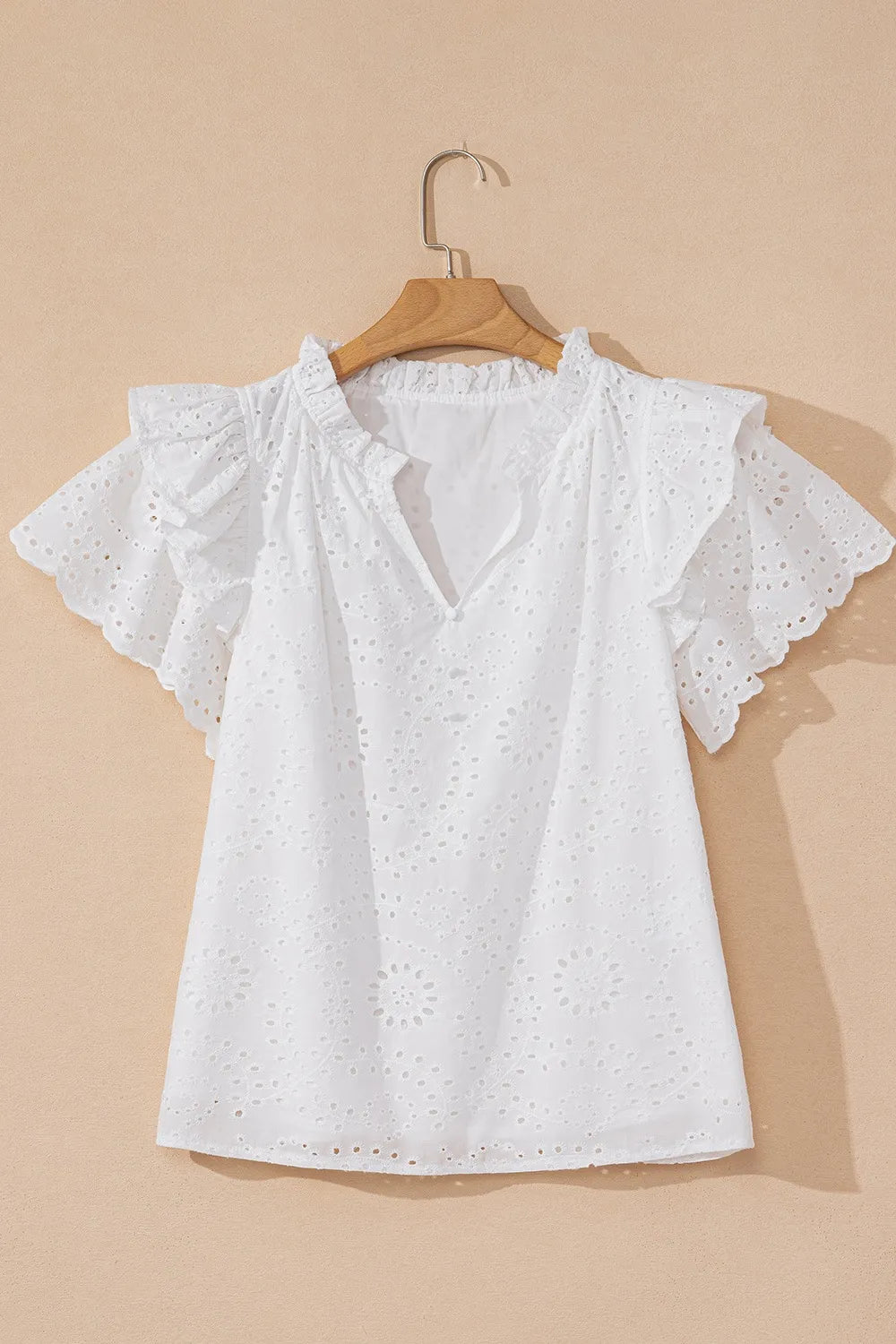 Eyelet Notched Short Sleeve Blouse - Velora Luxury Fashion