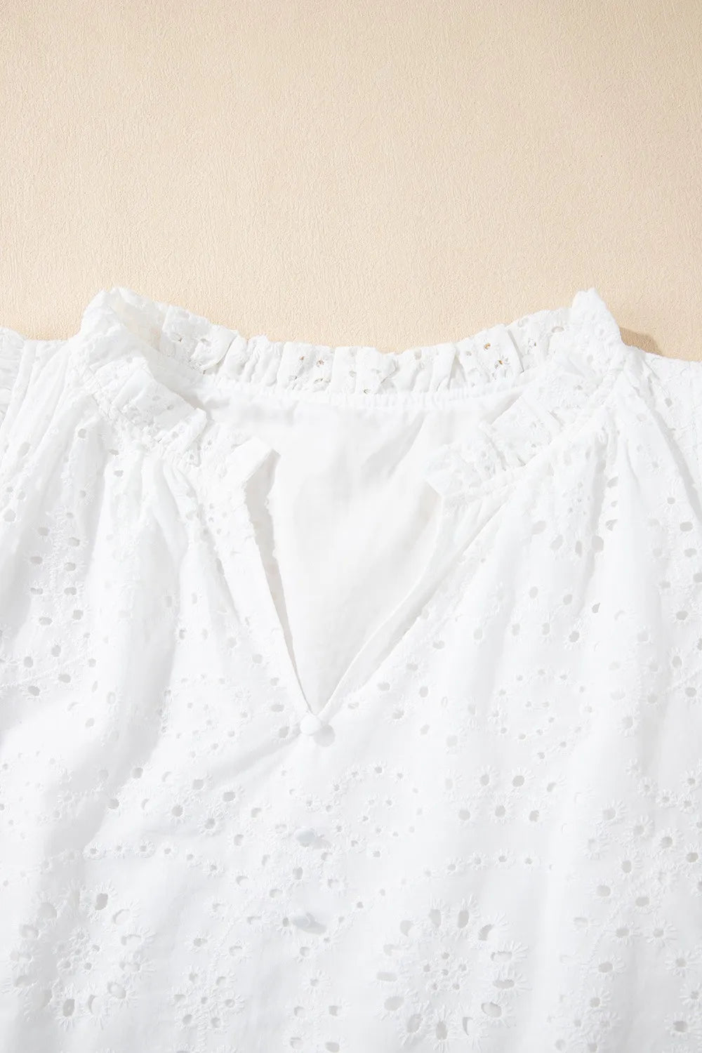 Eyelet Notched Short Sleeve Blouse - Velora Luxury Fashion