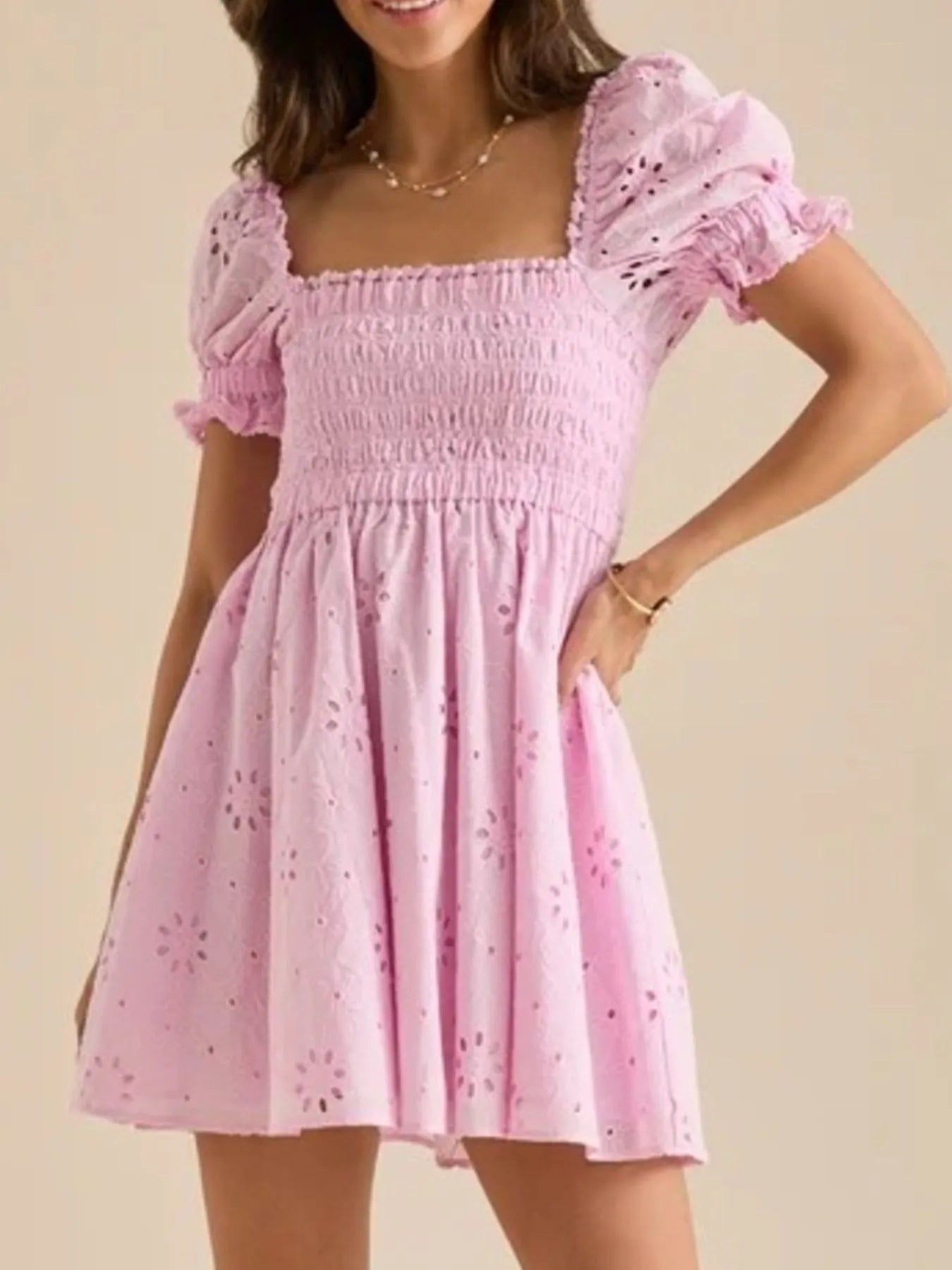 Eyelet Puff Sleeve Smocked Mini Dress - Velora Luxury Fashion