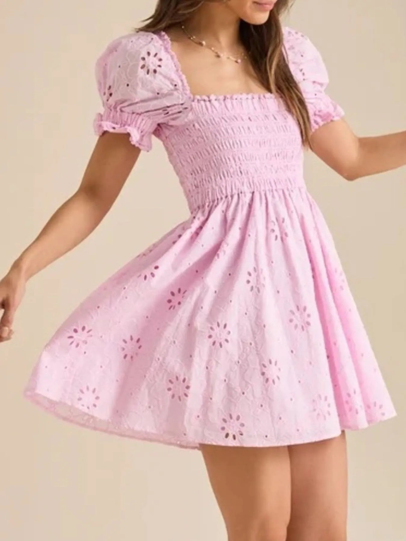 Eyelet Puff Sleeve Smocked Mini Dress - Velora Luxury Fashion