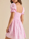 Eyelet Puff Sleeve Smocked Mini Dress - Velora Luxury Fashion