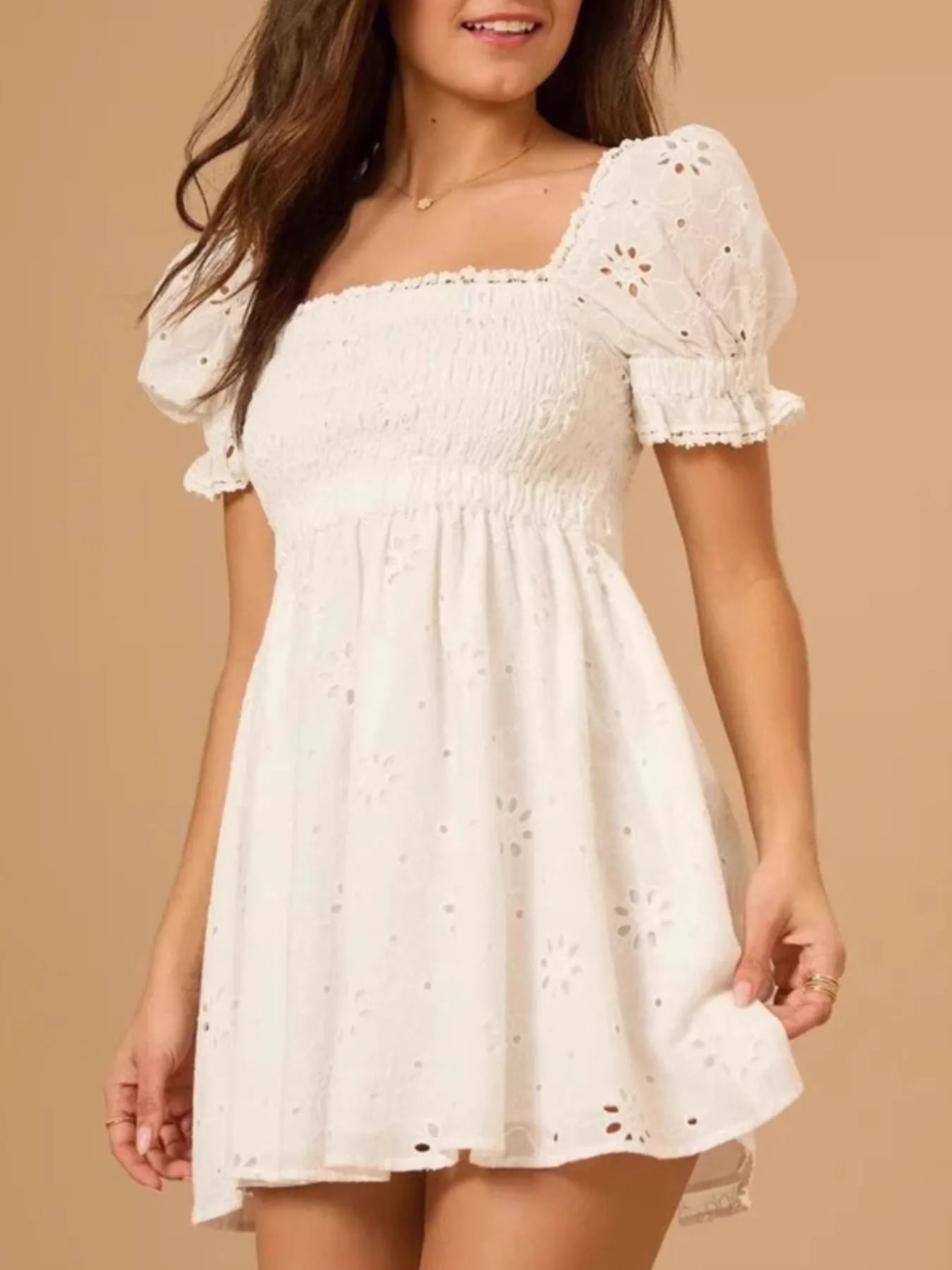 Eyelet Puff Sleeve Smocked Mini Dress - Velora Luxury Fashion