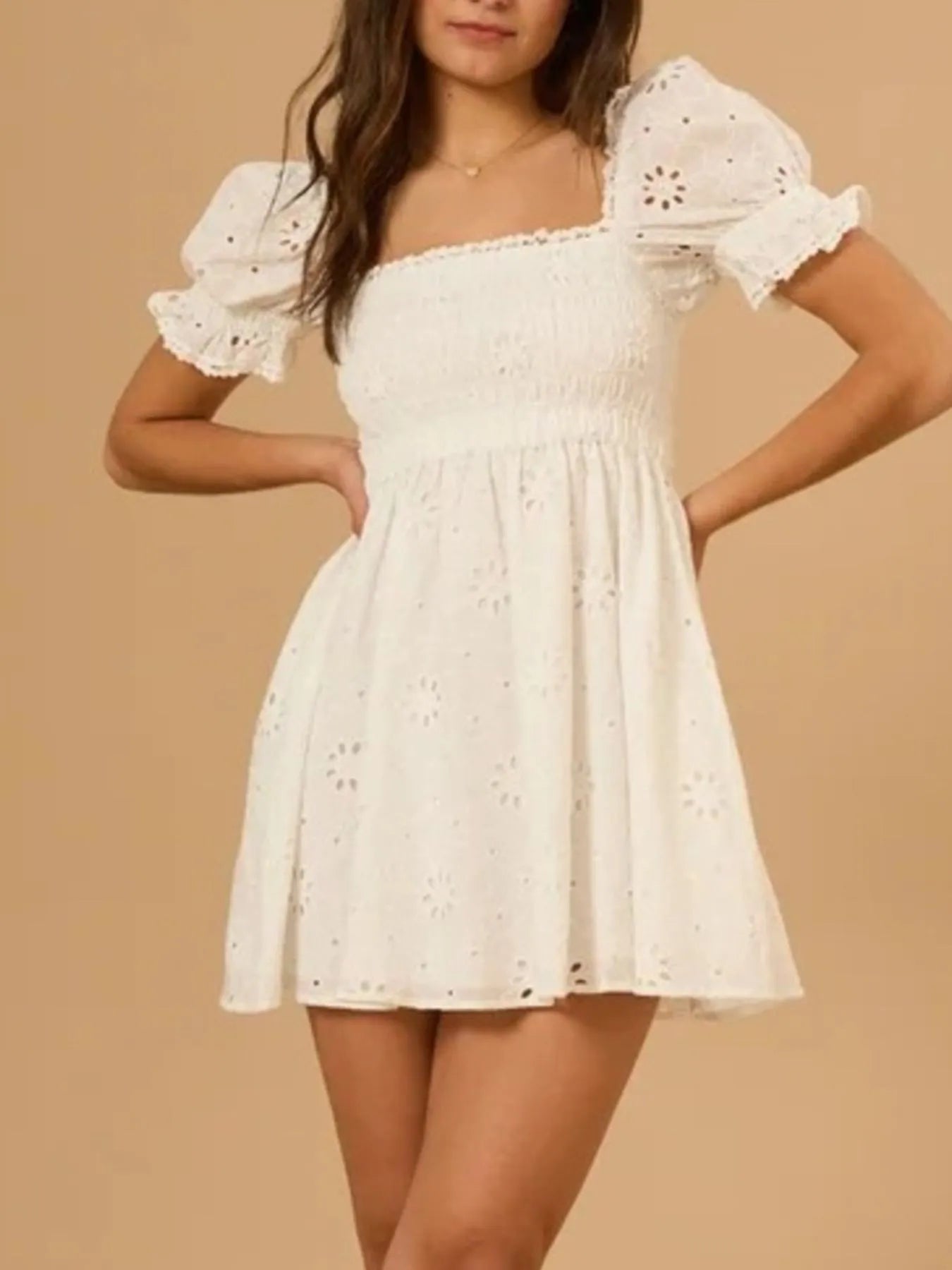 Eyelet Puff Sleeve Smocked Mini Dress - Velora Luxury Fashion