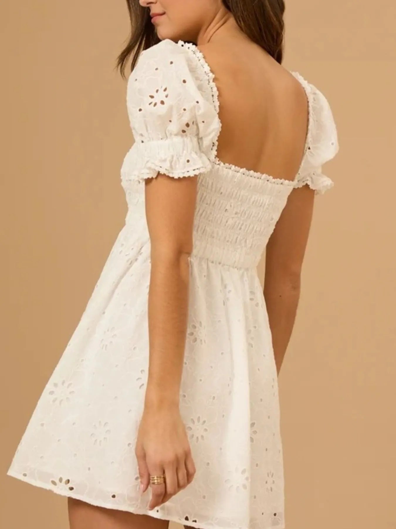 Eyelet Puff Sleeve Smocked Mini Dress - Velora Luxury Fashion