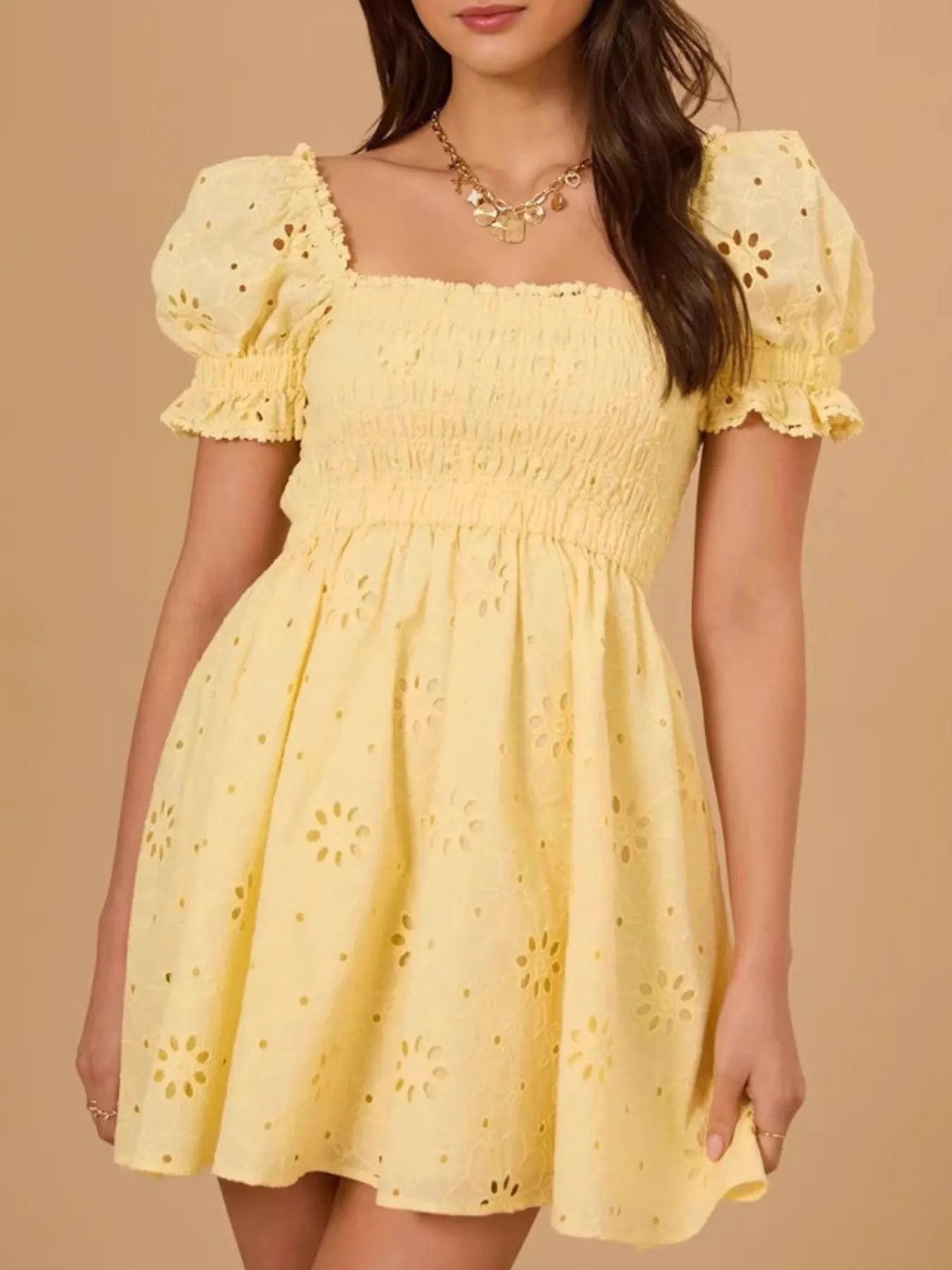 Eyelet Puff Sleeve Smocked Mini Dress - Velora Luxury Fashion