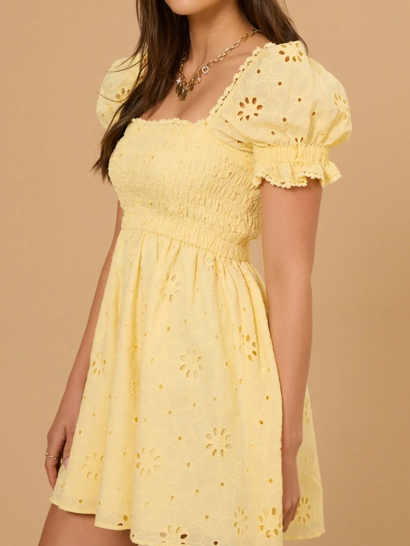 Eyelet Puff Sleeve Smocked Mini Dress - Velora Luxury Fashion