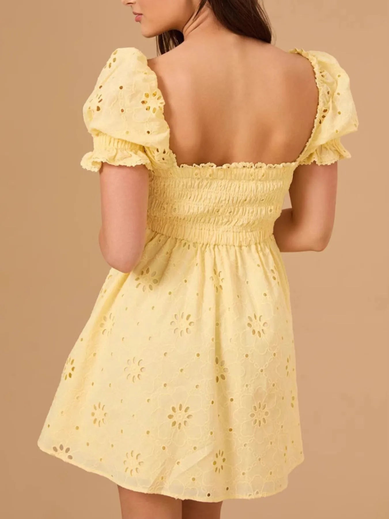 Eyelet Puff Sleeve Smocked Mini Dress - Velora Luxury Fashion