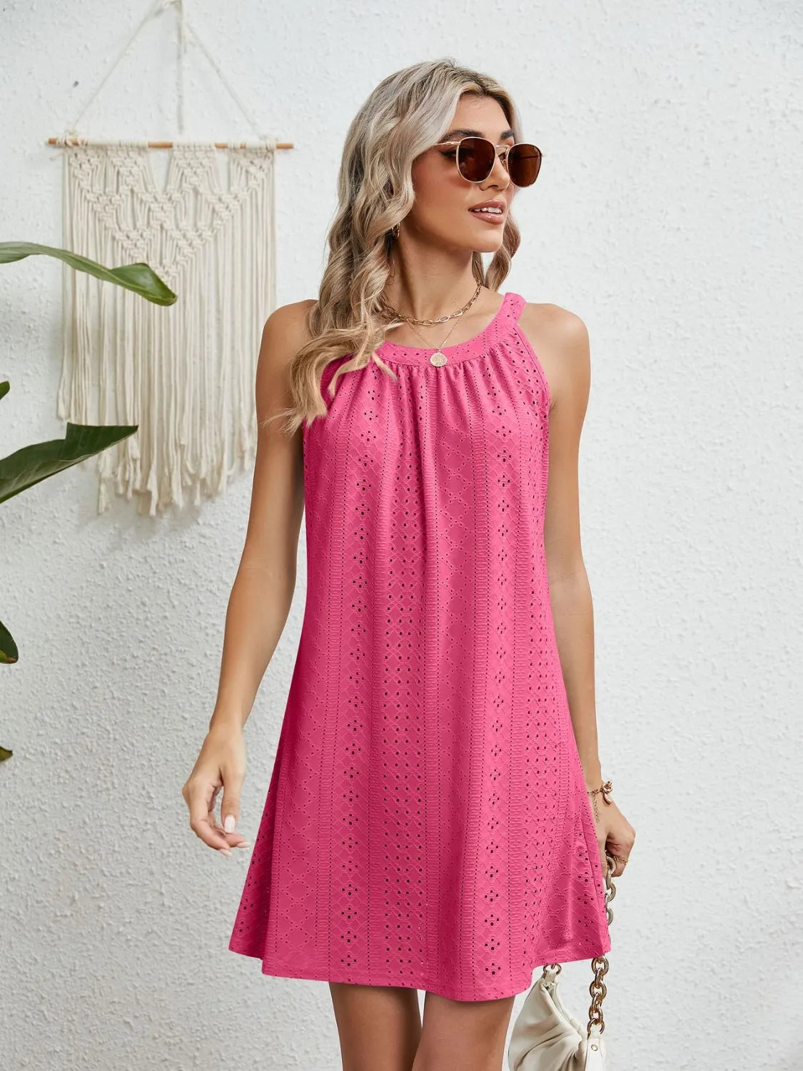 Eyelet Round Neck Sleeveless Dress - Velora Luxury Fashion