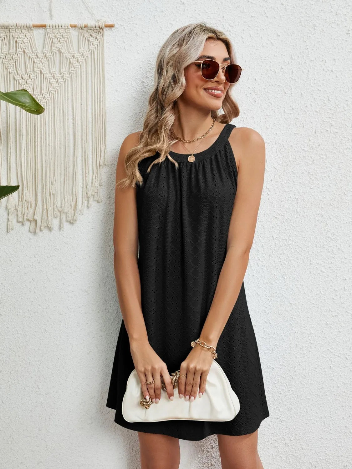 Eyelet Round Neck Sleeveless Dress - Velora Luxury Fashion