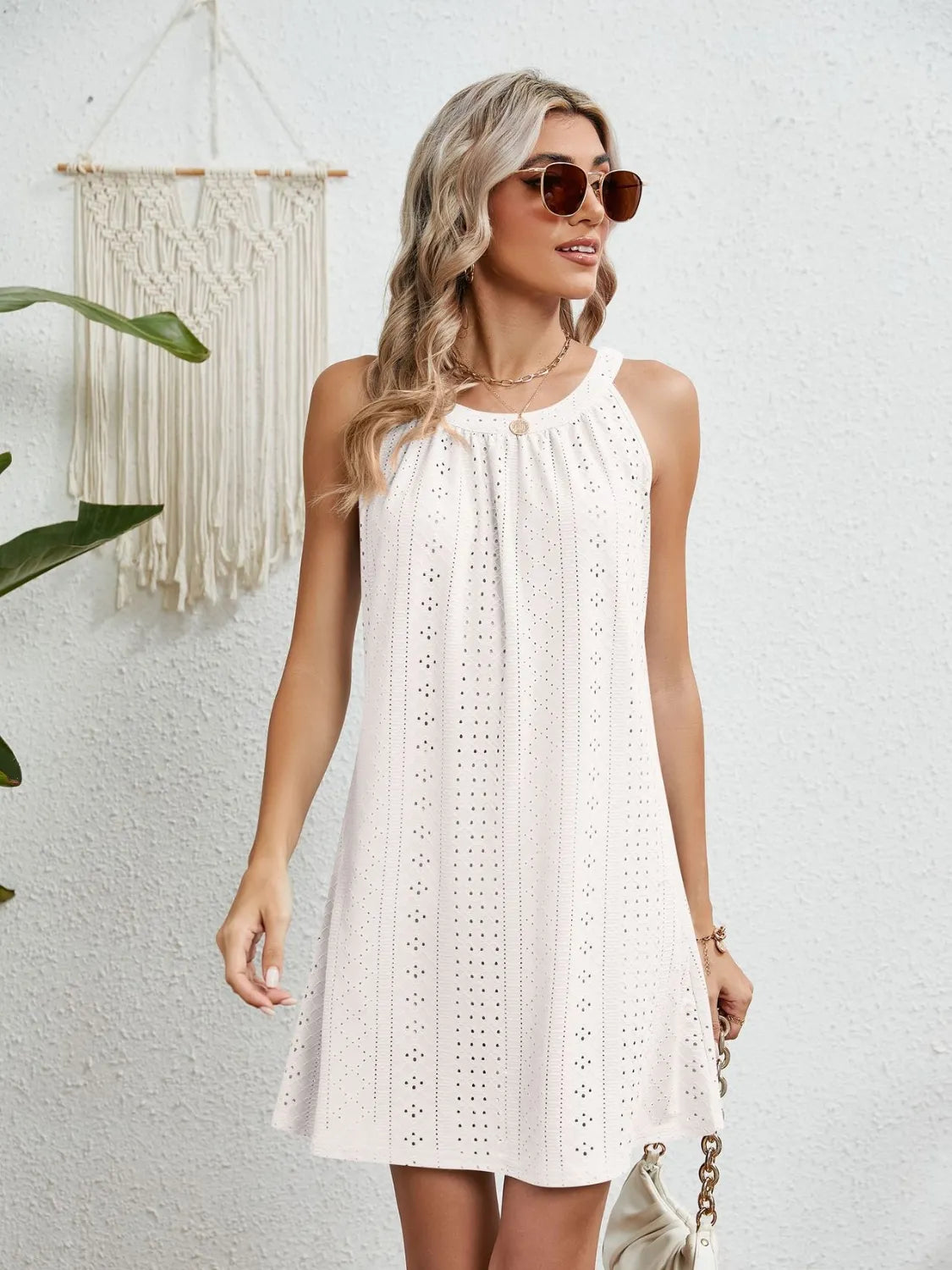 Eyelet Round Neck Sleeveless Dress - Velora Luxury Fashion