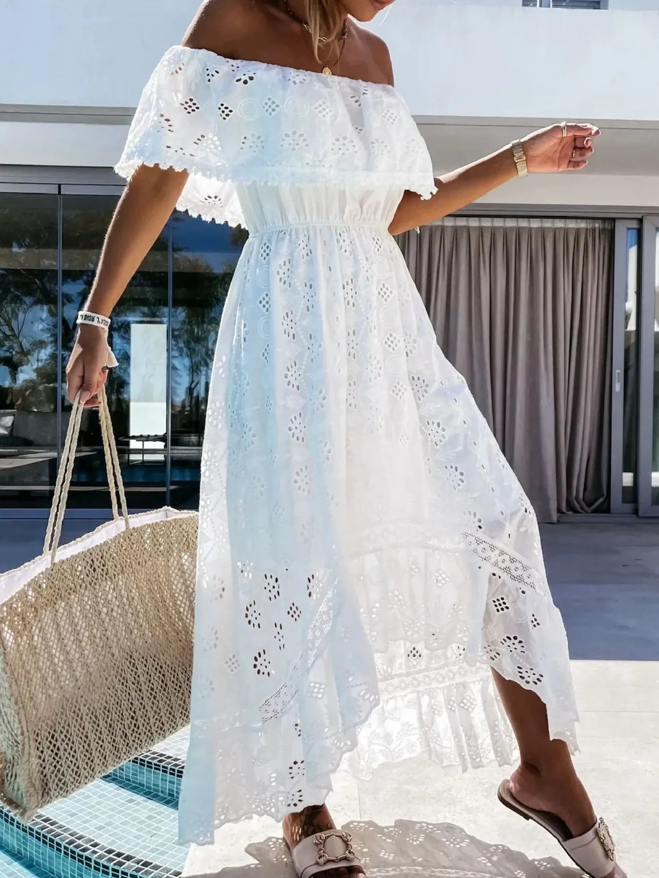 Eyelet Ruffled Hem Off-Shoulder Dress - Velora Luxury Fashion