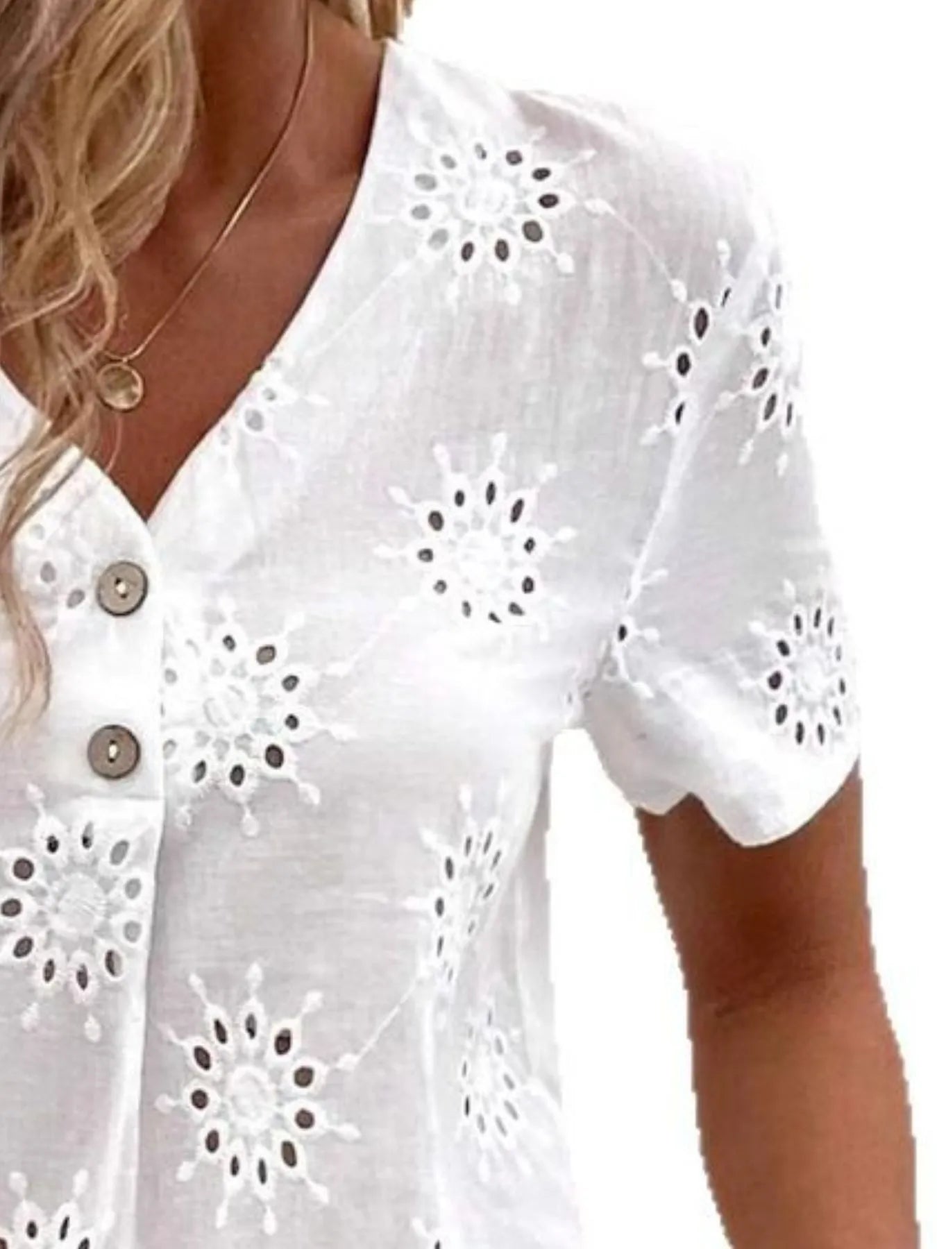 Eyelet V-Neck Short Sleeve Top - Velora Luxury Fashion