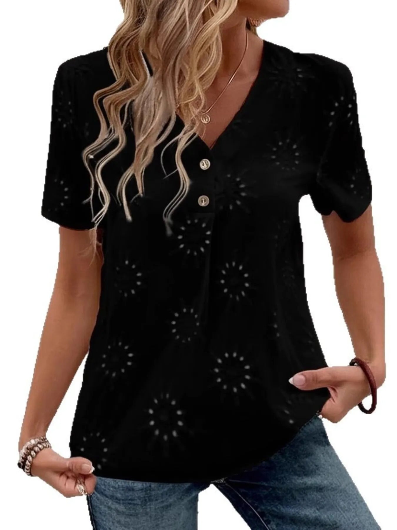 Eyelet V-Neck Short Sleeve Top - Velora Luxury Fashion