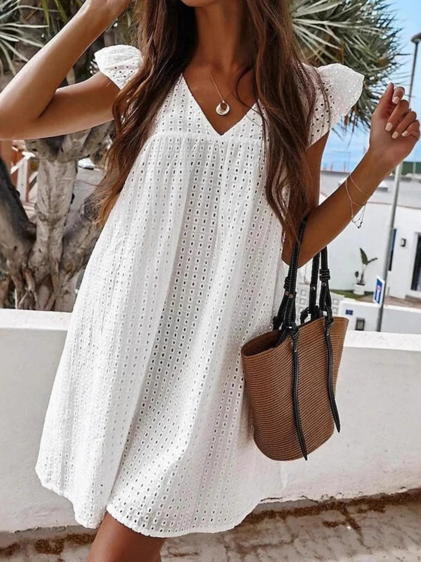 Eyelet V-Neck Summer Mini Dress - Velora Luxury Fashion