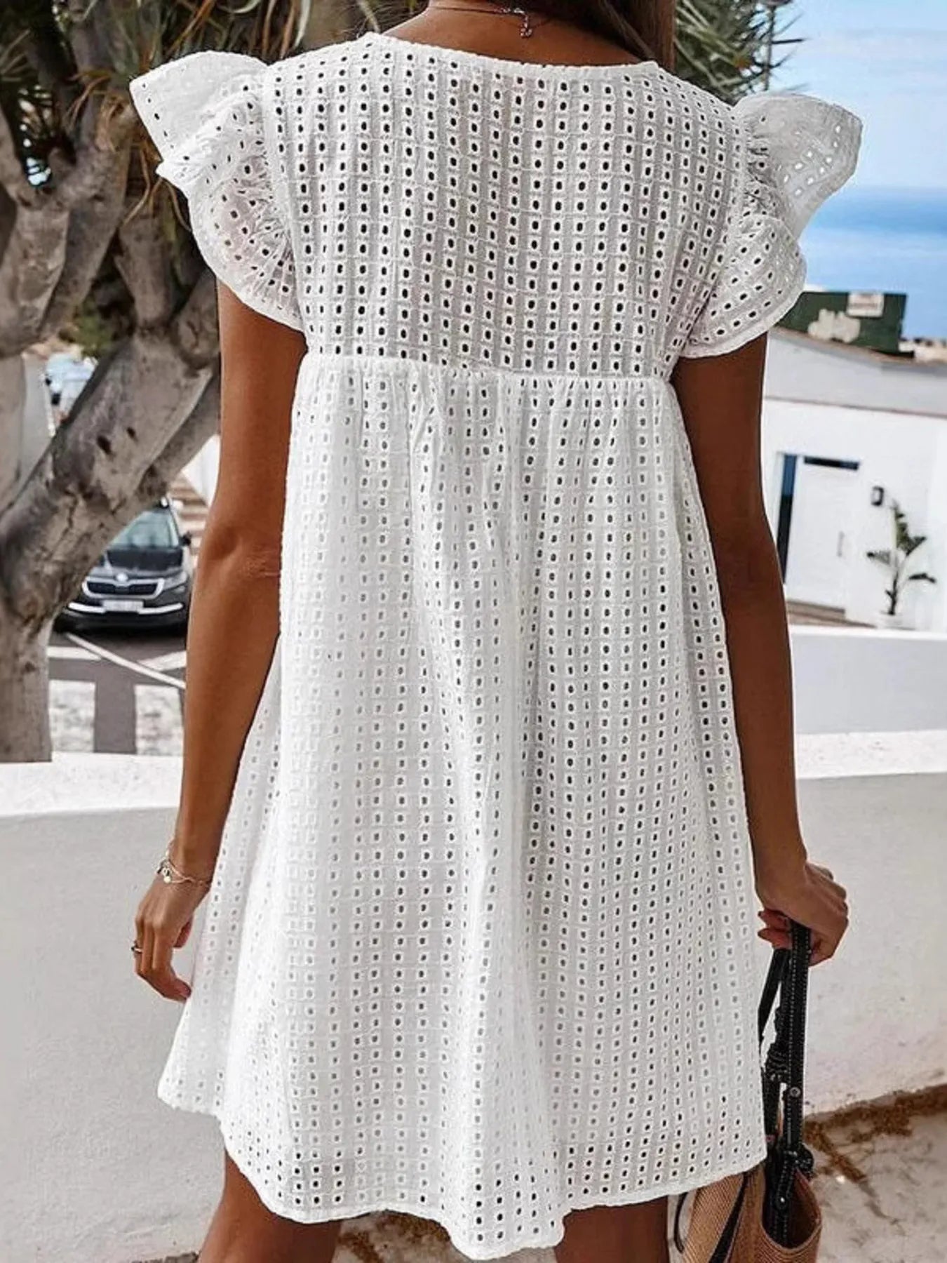 Eyelet V-Neck Summer Mini Dress - Velora Luxury Fashion