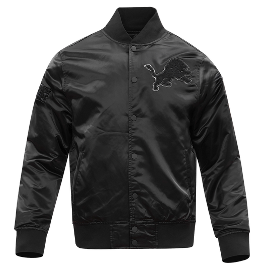 NFL DETROIT LIONS TRIPLE BLACK MEN'S SATIN JACKET FDL6410285-3BK - Velora