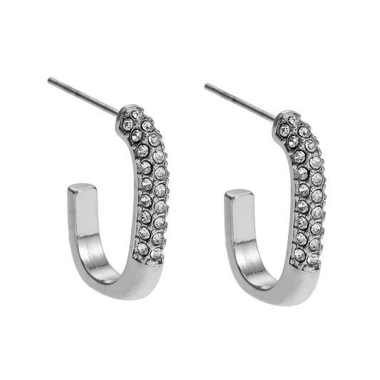 FIRLE Silver (White Gold): Partial Pavé Zirconia Oval Hoop Earrings - Velora Luxury Fashion